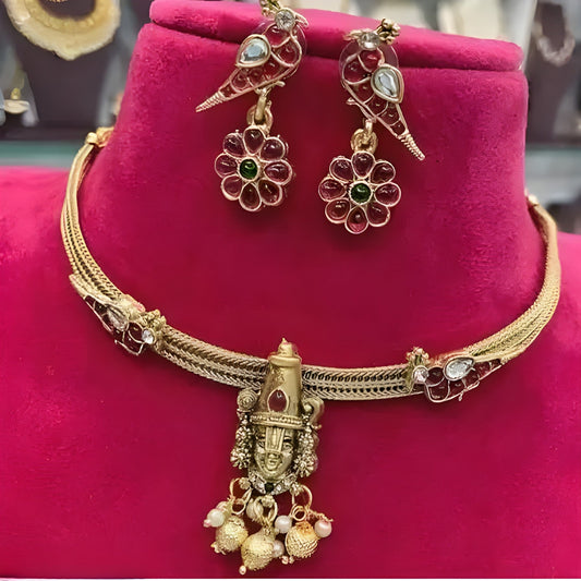 Jewel City Lord Balaji Temple Necklace Set - Antique Gold Finish Choker with Earrings | Traditional South Indian Religious Jewelry | Grab2Buy