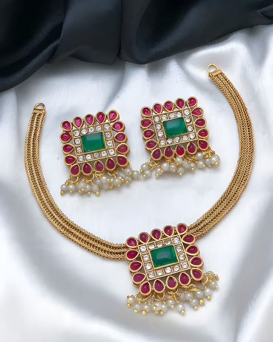 Jewel City Square Kundan Necklace Set Multicolor Stone Gold-Plated Jewelry with Pearl Drops | Traditional Indian Wedding Collection | Grab2Buy
