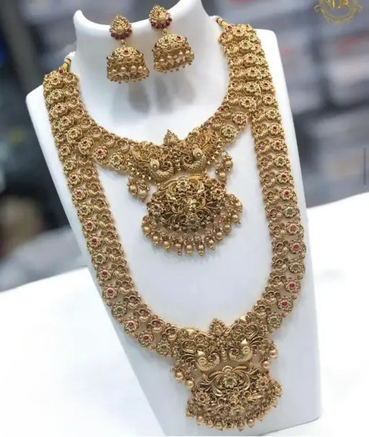 Jewel City Antique Gold Long Necklace Set - Traditional South Indian Temple Design Double Layer Bridal Jewelry with Lakshmi Pendant | Grab2Buy