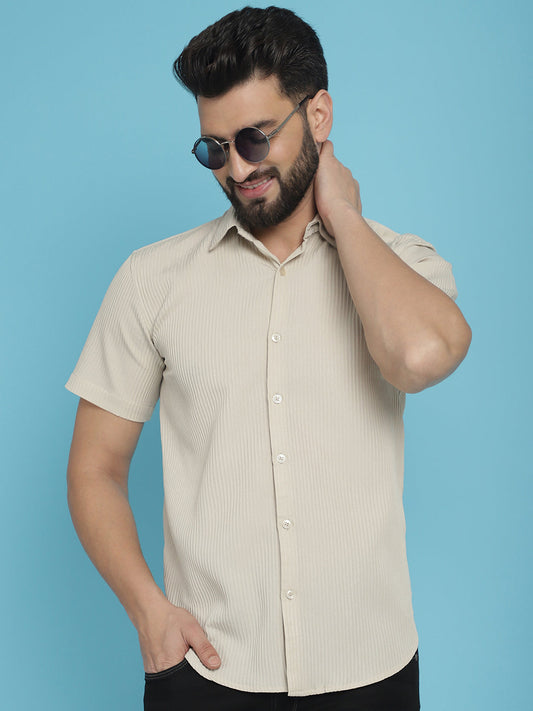 Indian Needle Men's Striped Half Sleeve Casual Shirt - Cream | Swadesiicart