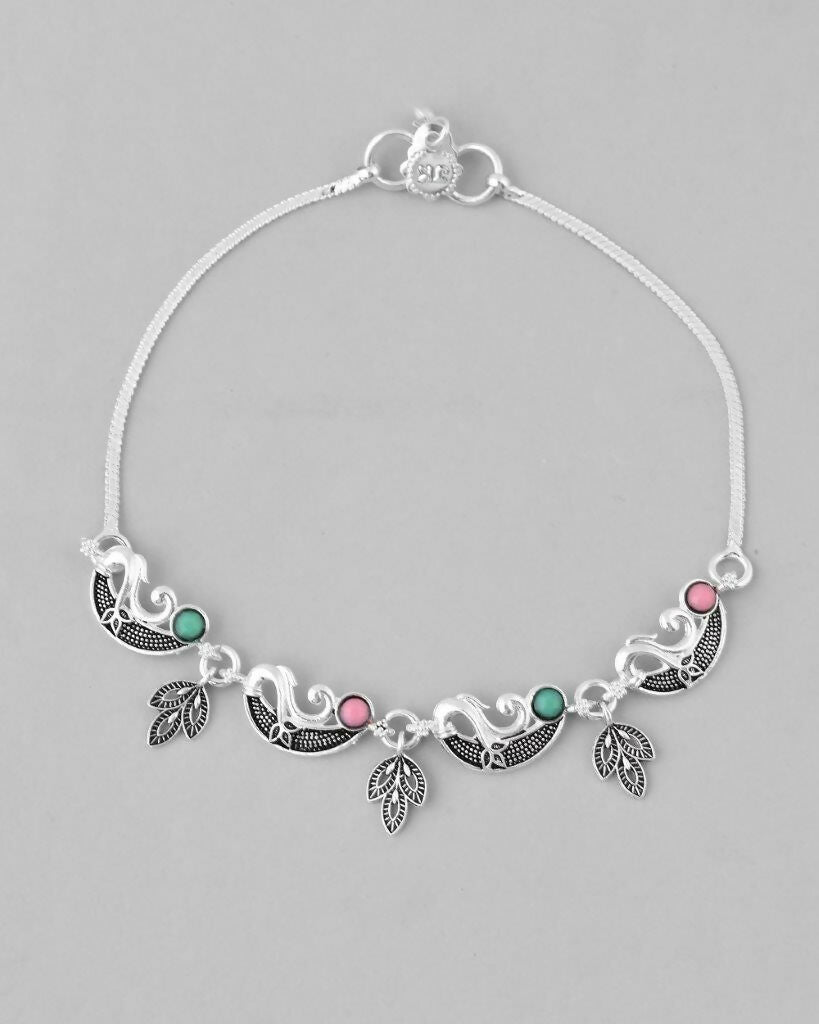 VOJ Set of 2 Silver Plated Multi Color Meenakari Anklet 