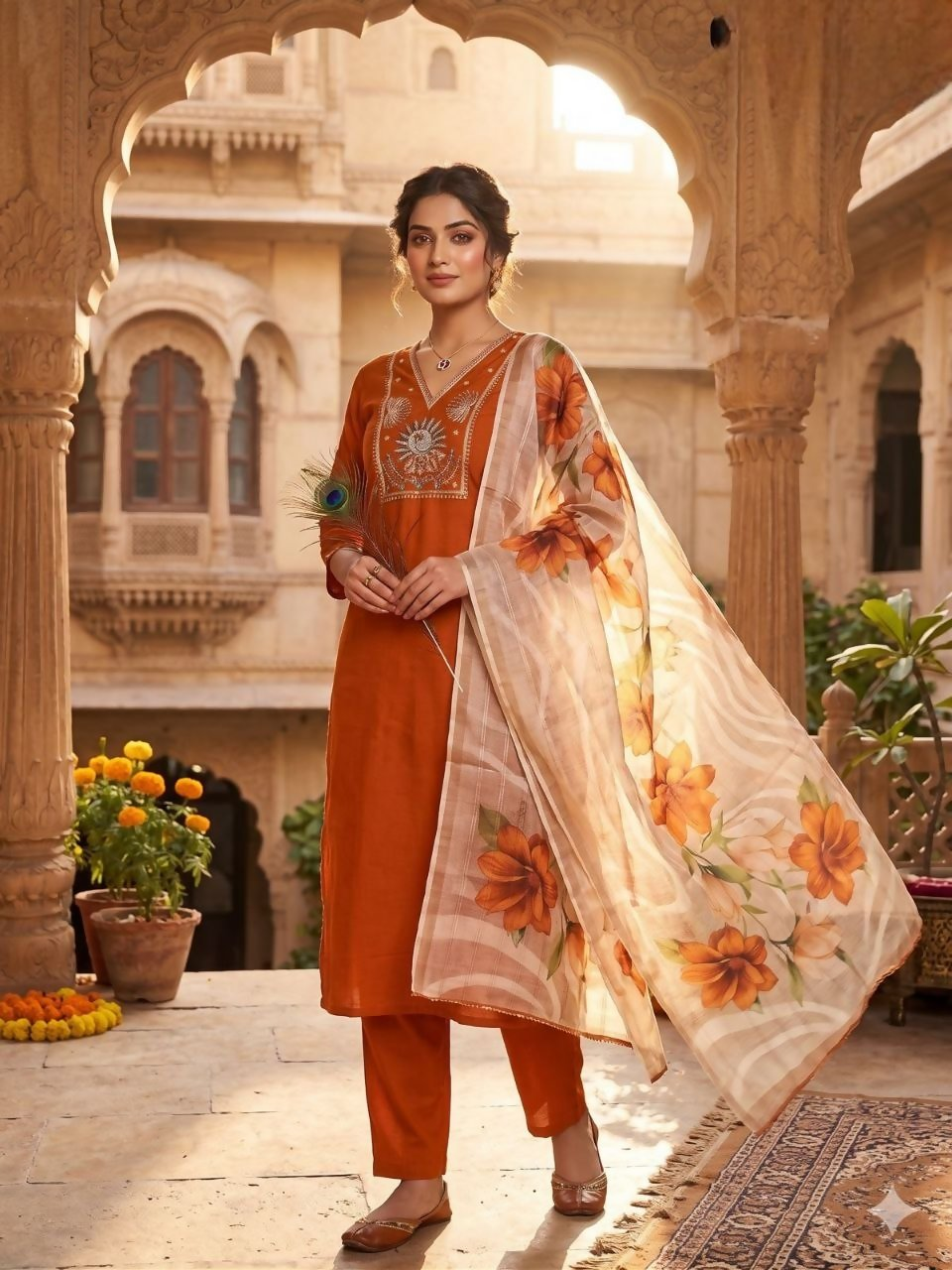 Teeya Creation New Trendy Fancy Premium Silk Fabric Kurta Set - Orange