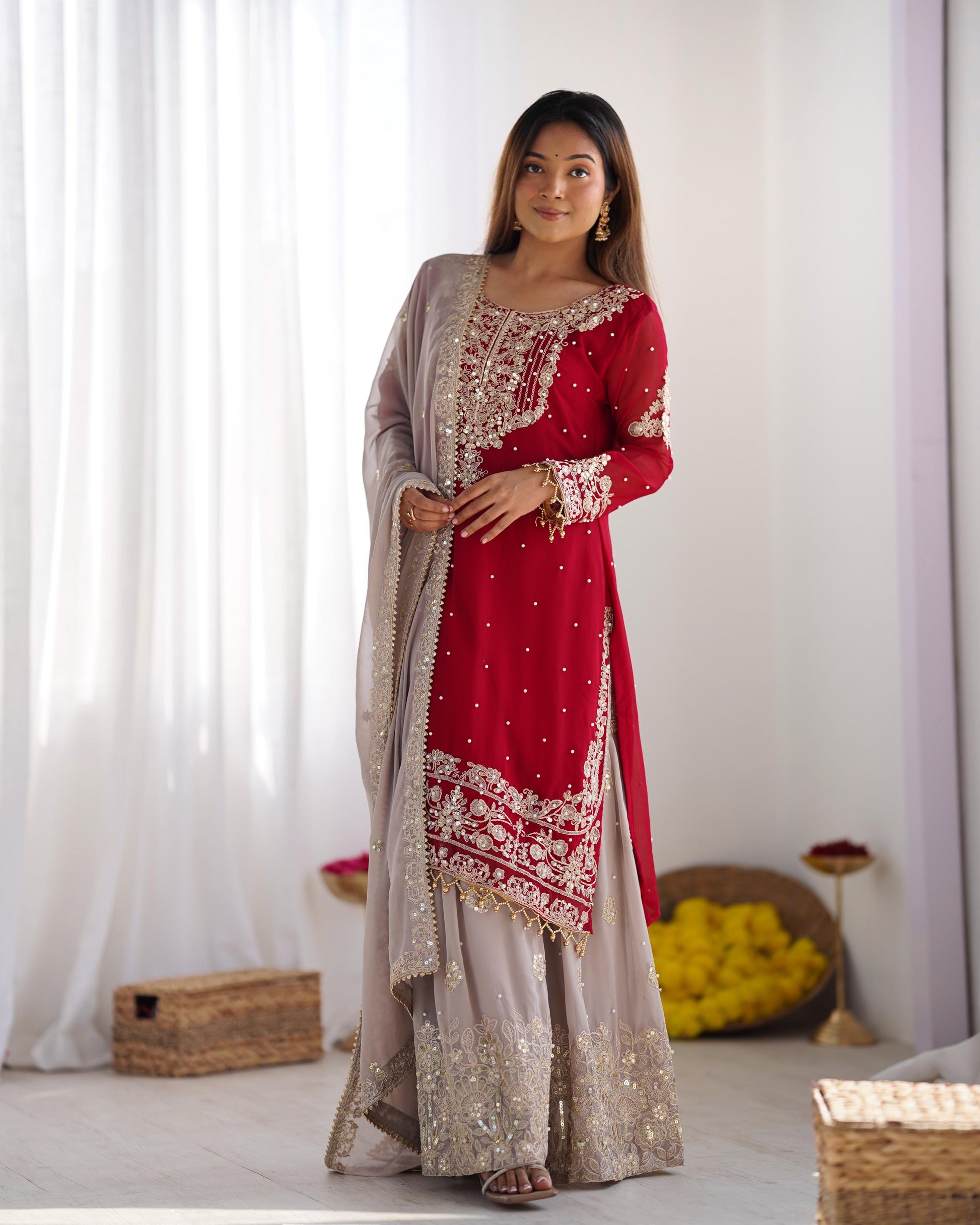 Teeya Creation Red Color Faux Georgette Heavy Embroidery Work Fully Stitched Sharara Suit
