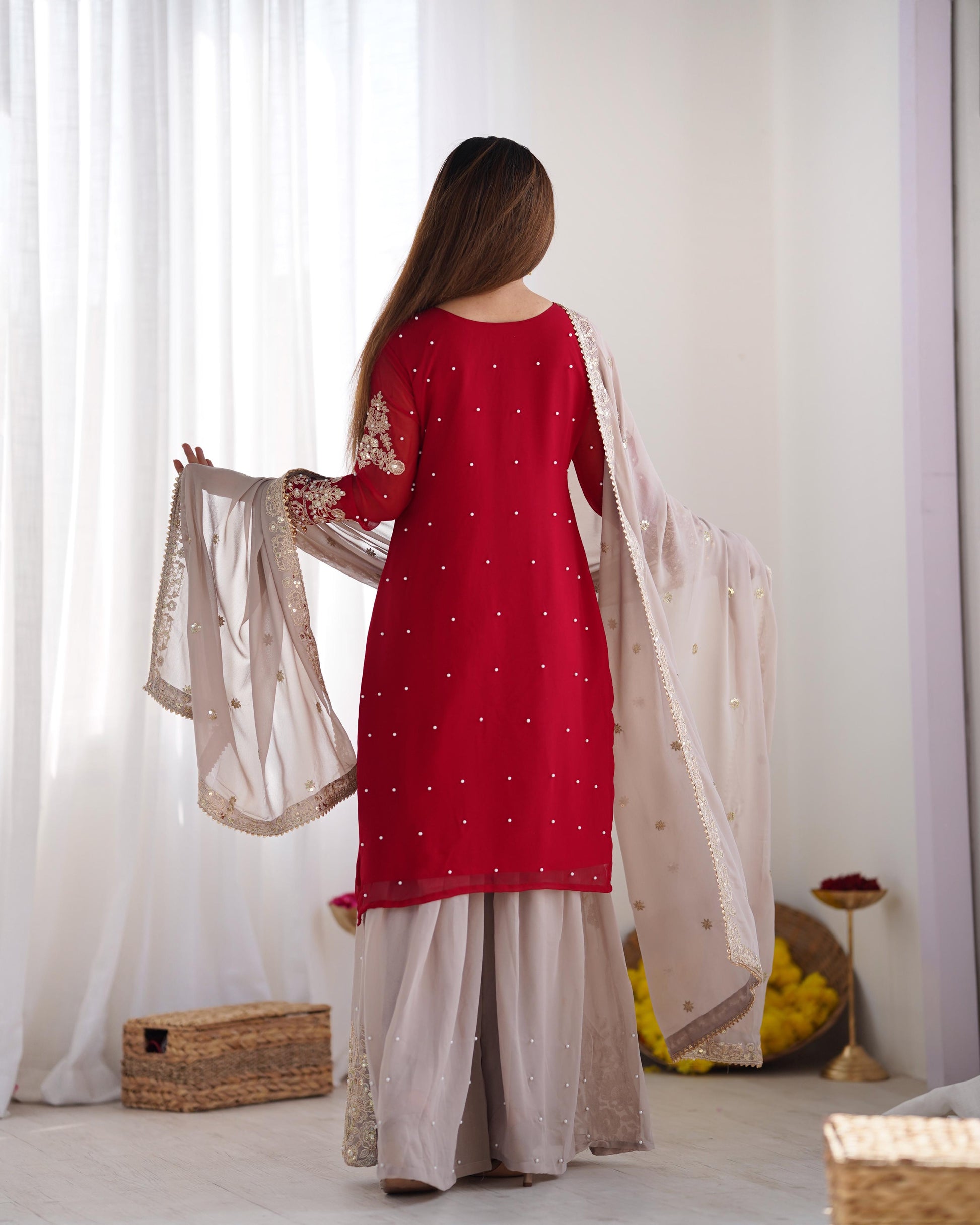 Teeya Creation Red Color Faux Georgette Heavy Embroidery Work Fully Stitched Sharara Suit