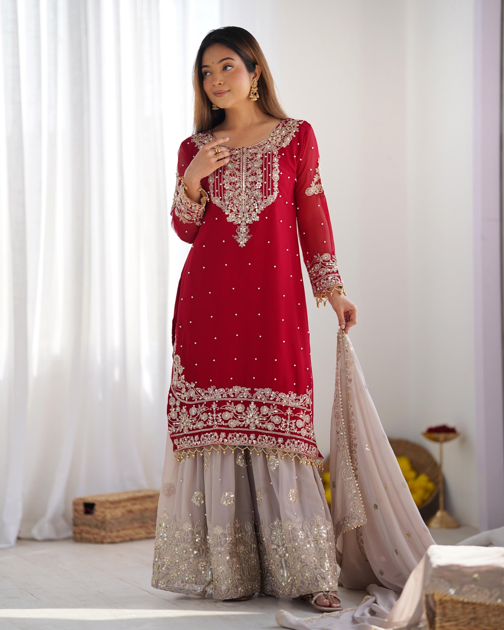 Teeya Creation Red Color Faux Georgette Heavy Embroidery Work Fully Stitched Sharara Suit