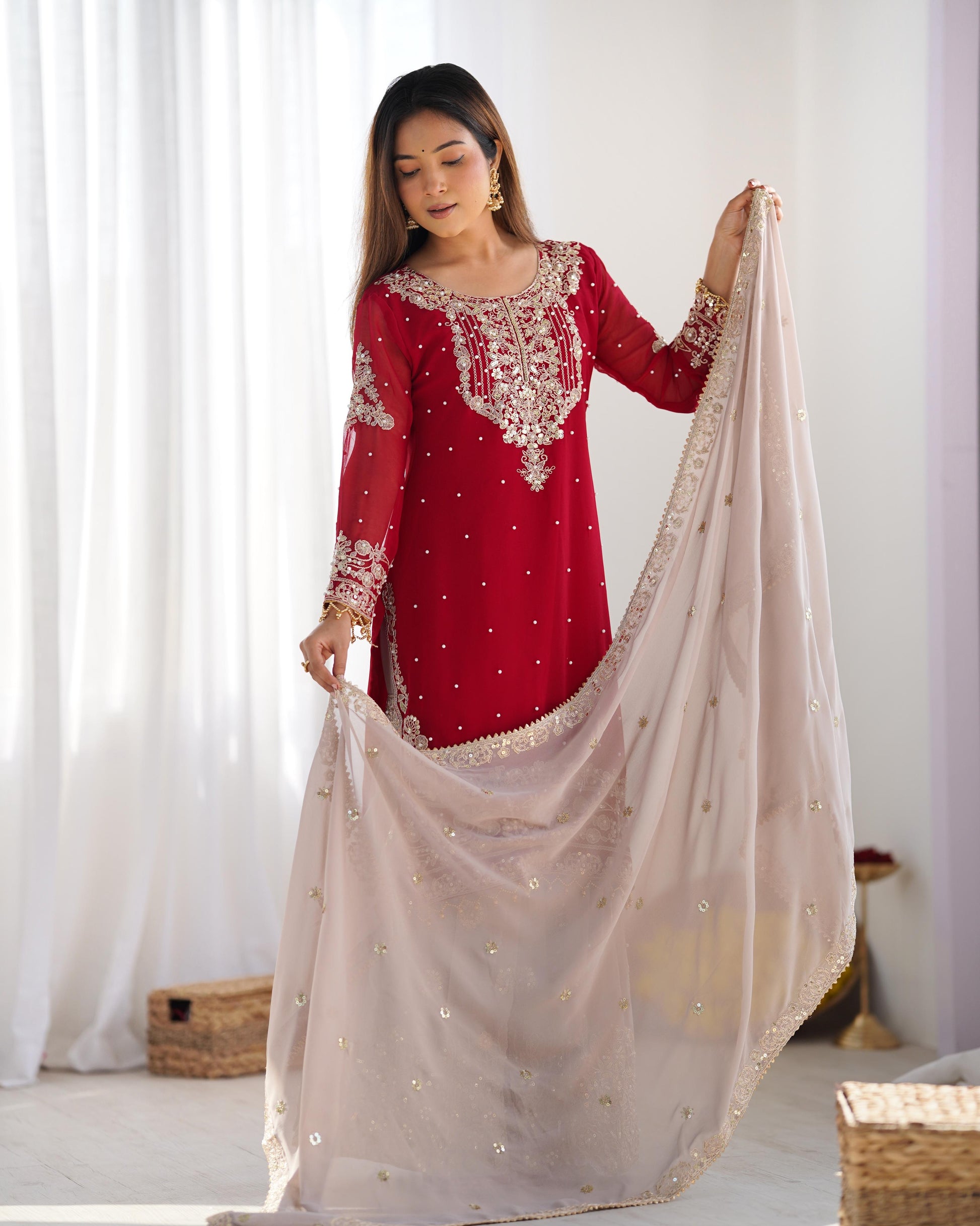 Teeya Creation Red Color Faux Georgette Heavy Embroidery Work Fully Stitched Sharara Suit