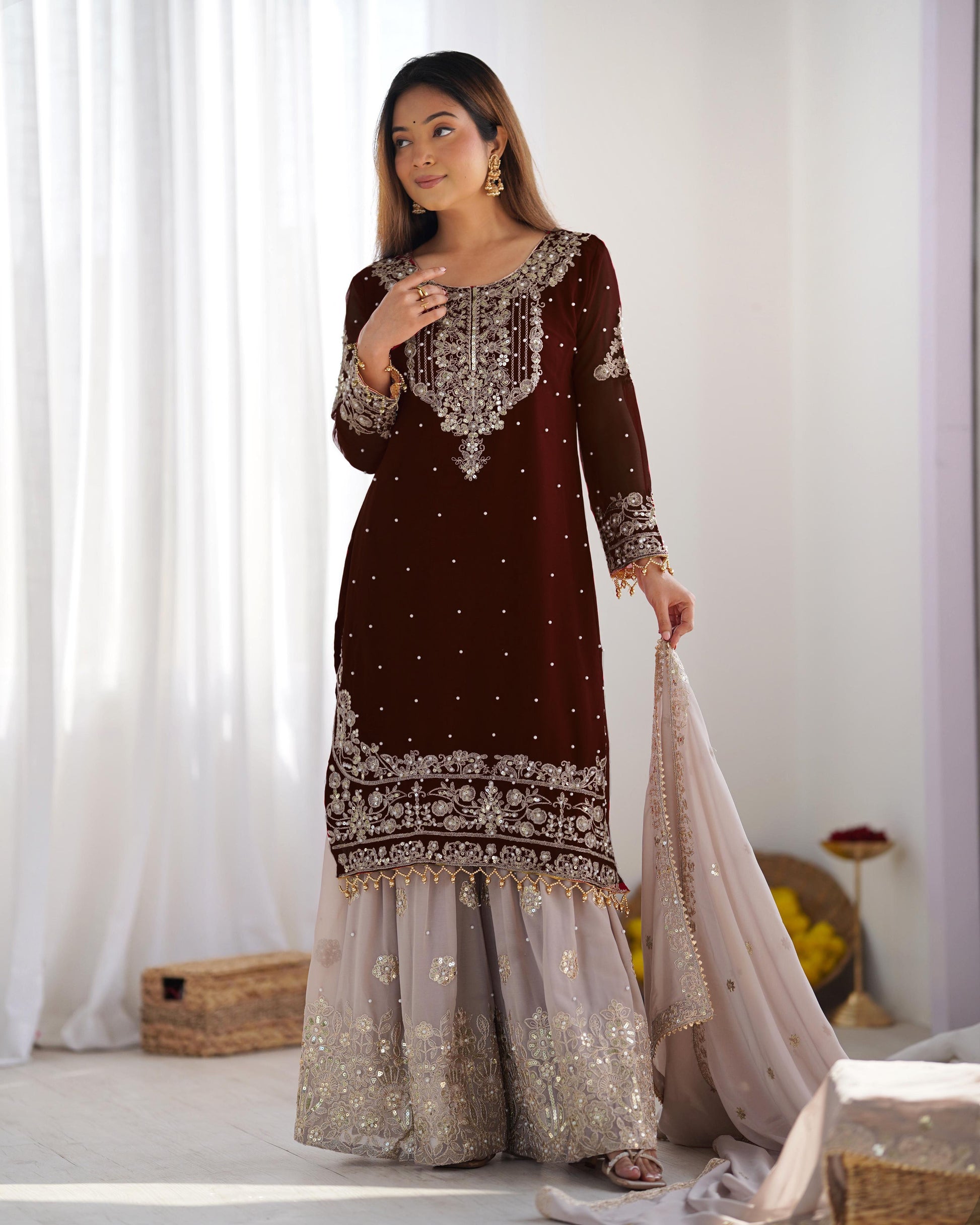 Teeya Creation Coffee Color Faux Georgette Heavy Embroidery Work Pakistani Fully Stitched Salwar Suit