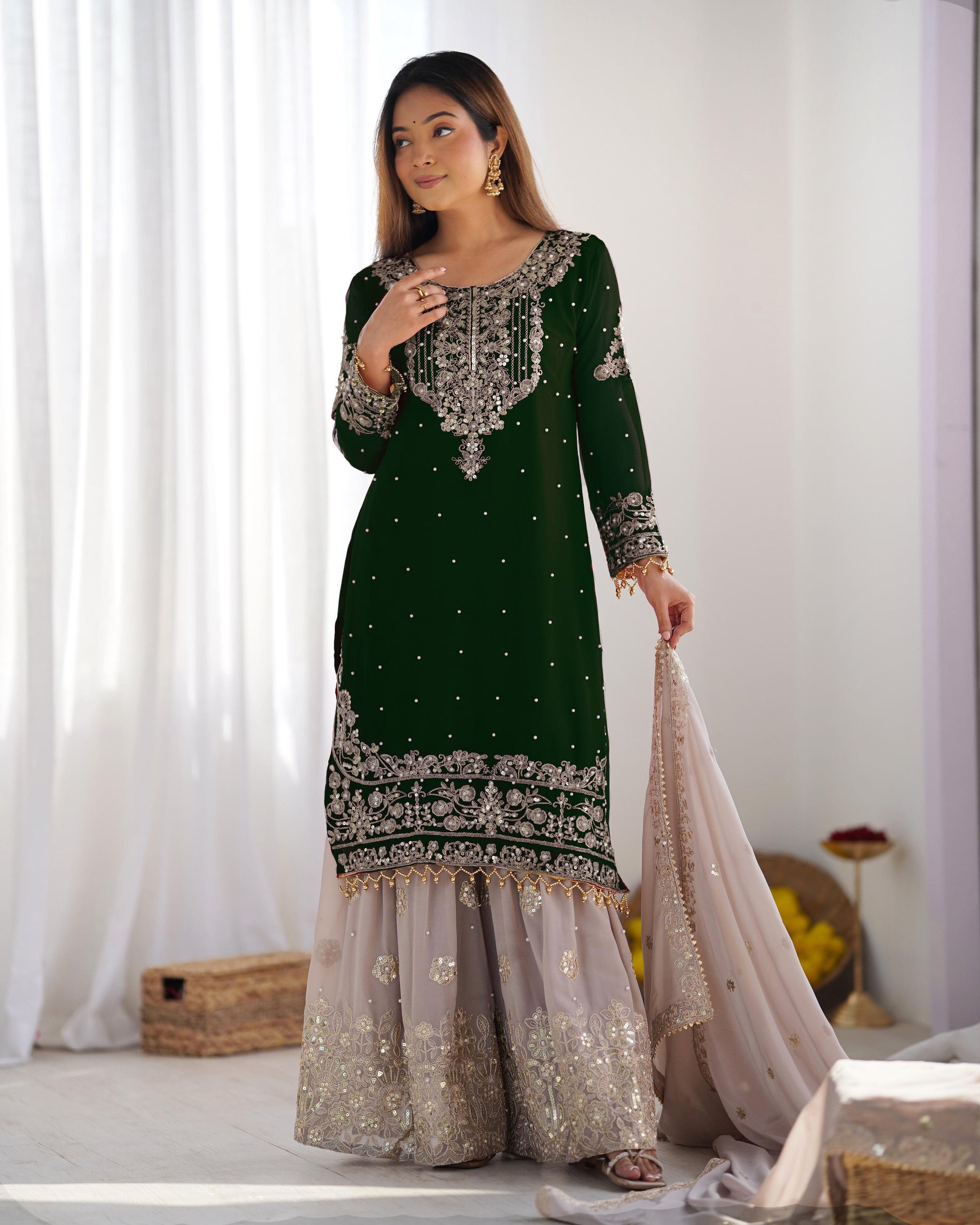 Teeya Creation Green Color Faux Georgette Heavy Embroidery Work Pakistani Fully Stitched Salwar Suit