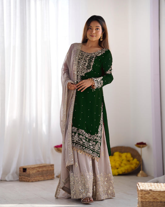 Teeya Creation Green Color Faux Georgette Heavy Embroidery Work Pakistani Fully Stitched Salwar Suit