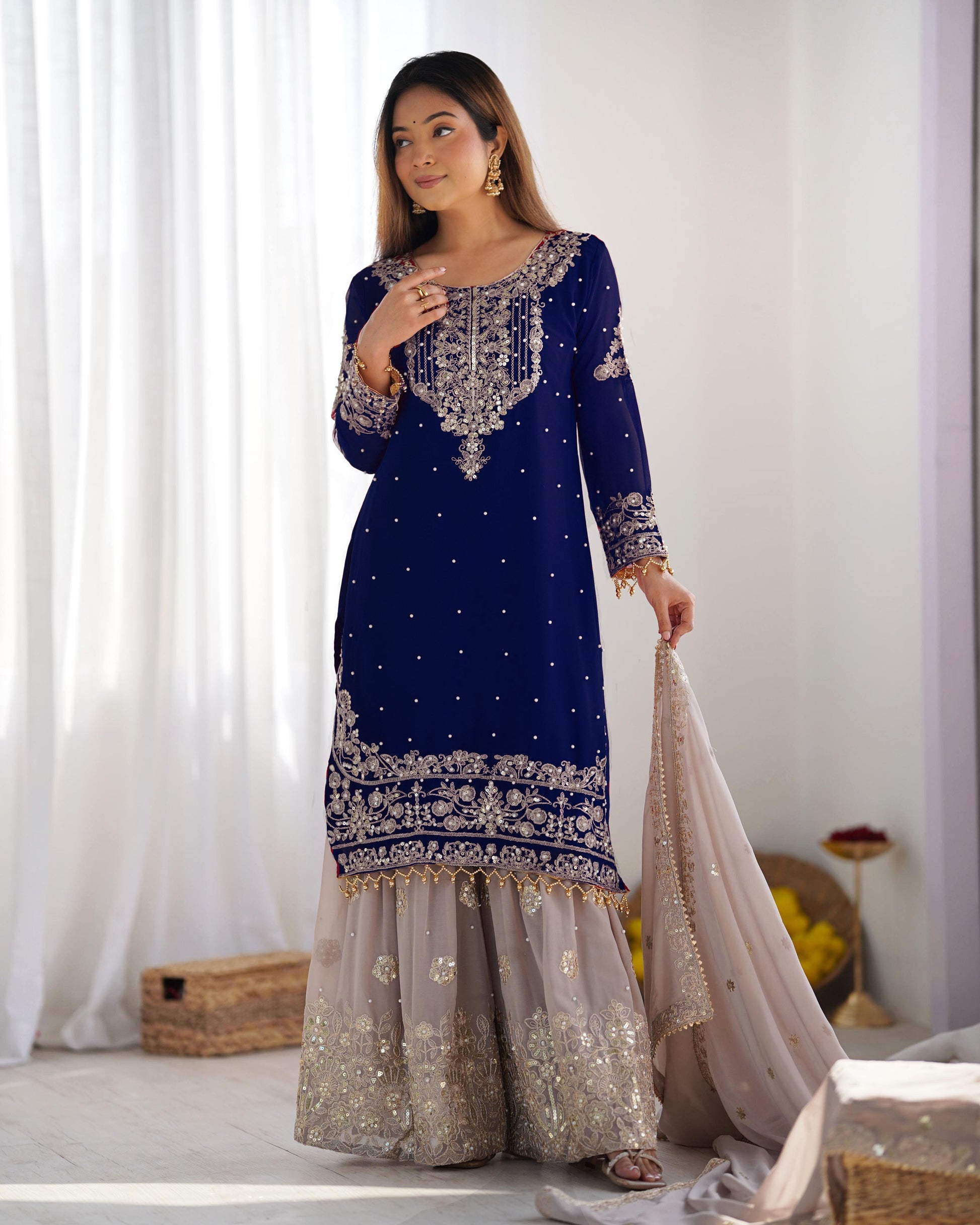 Teeya Creation Navy Blue Color Faux Georgette Heavy Embroidery Work Pakistani Fully Stitched Salwar Suit