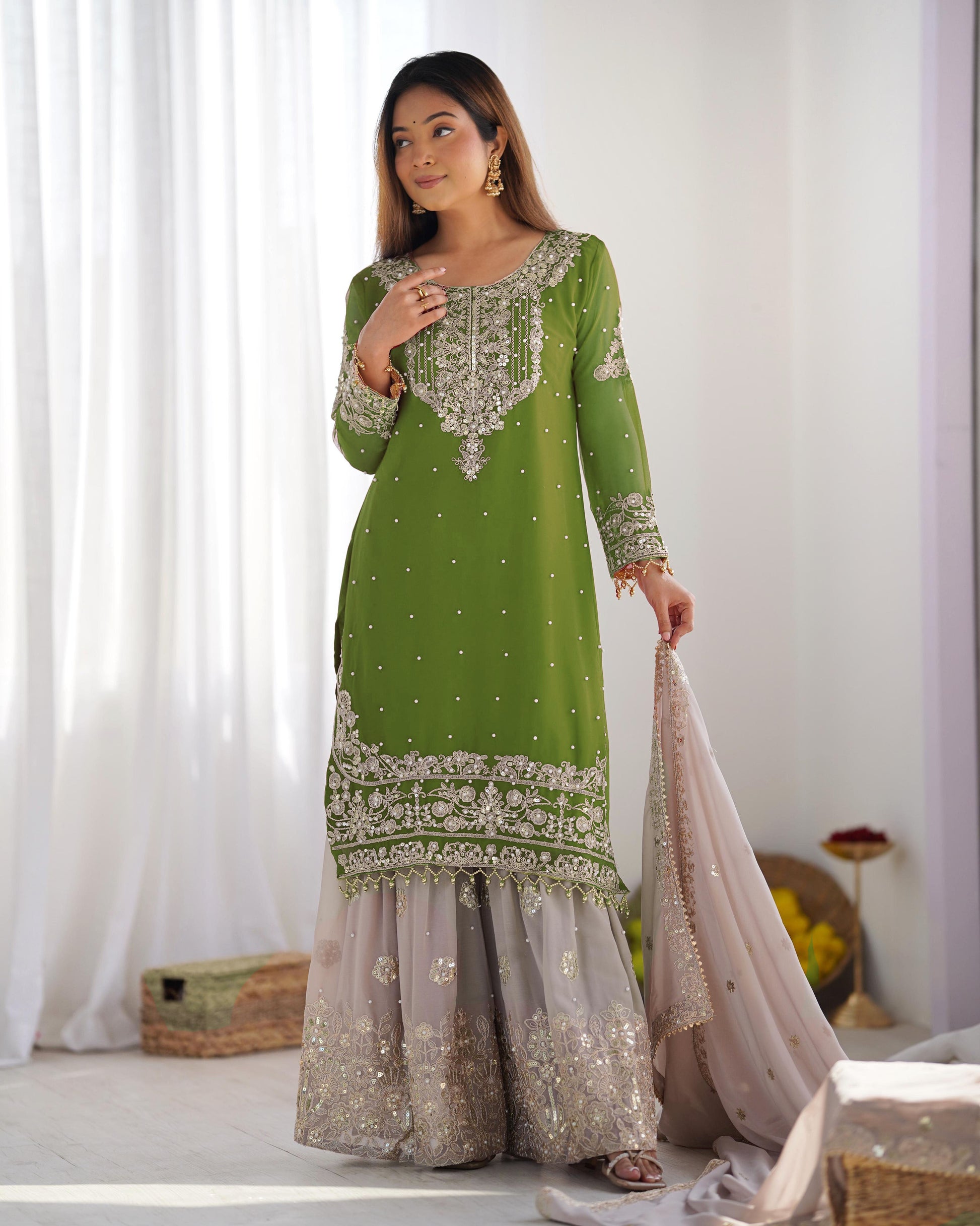 Teeya Creation Parrot Green Color Faux Georgette Heavy Embroidery Work Pakistani Fully Stitched Salwar Suit