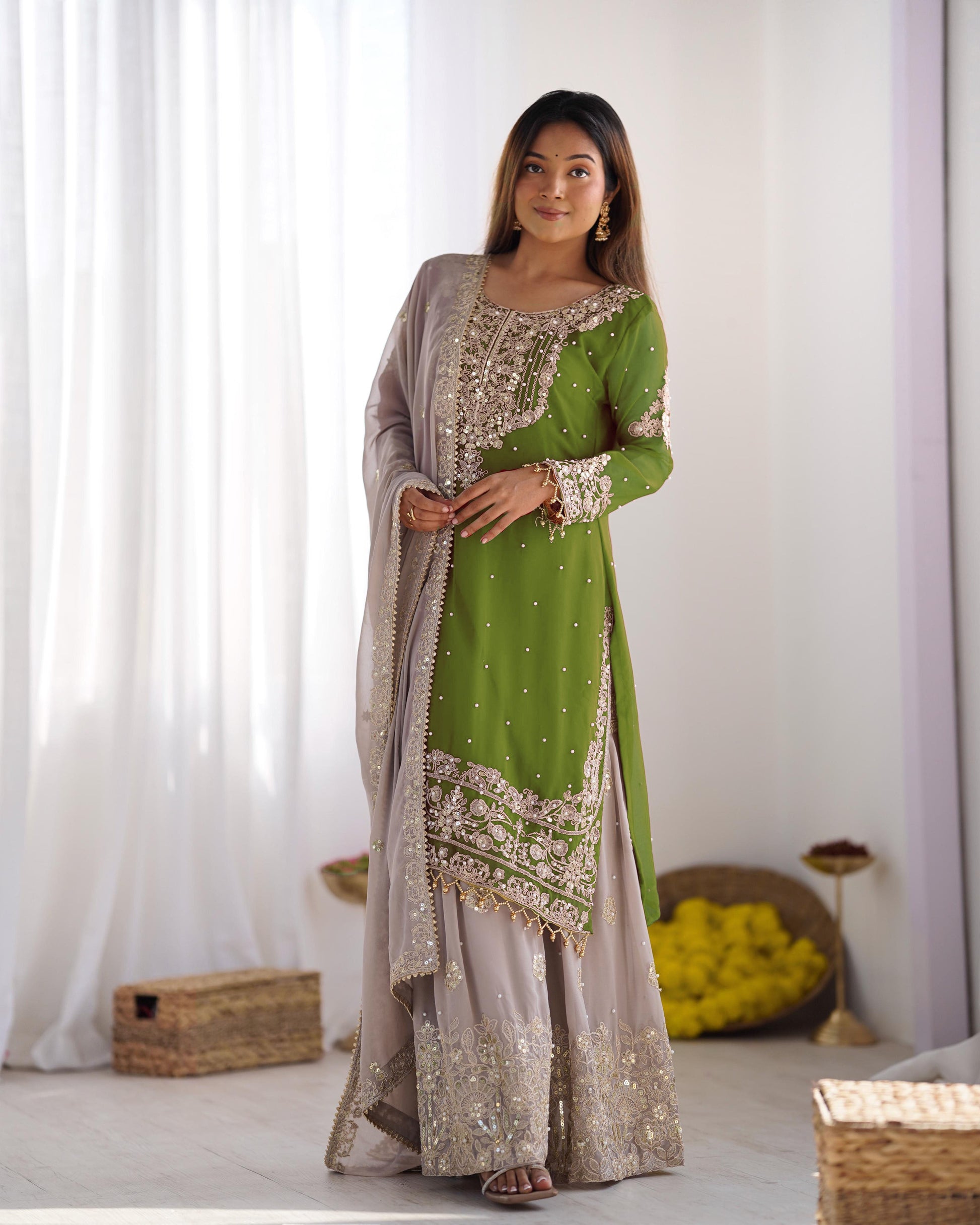 Teeya Creation Parrot Green Color Faux Georgette Heavy Embroidery Work Pakistani Fully Stitched Salwar Suit