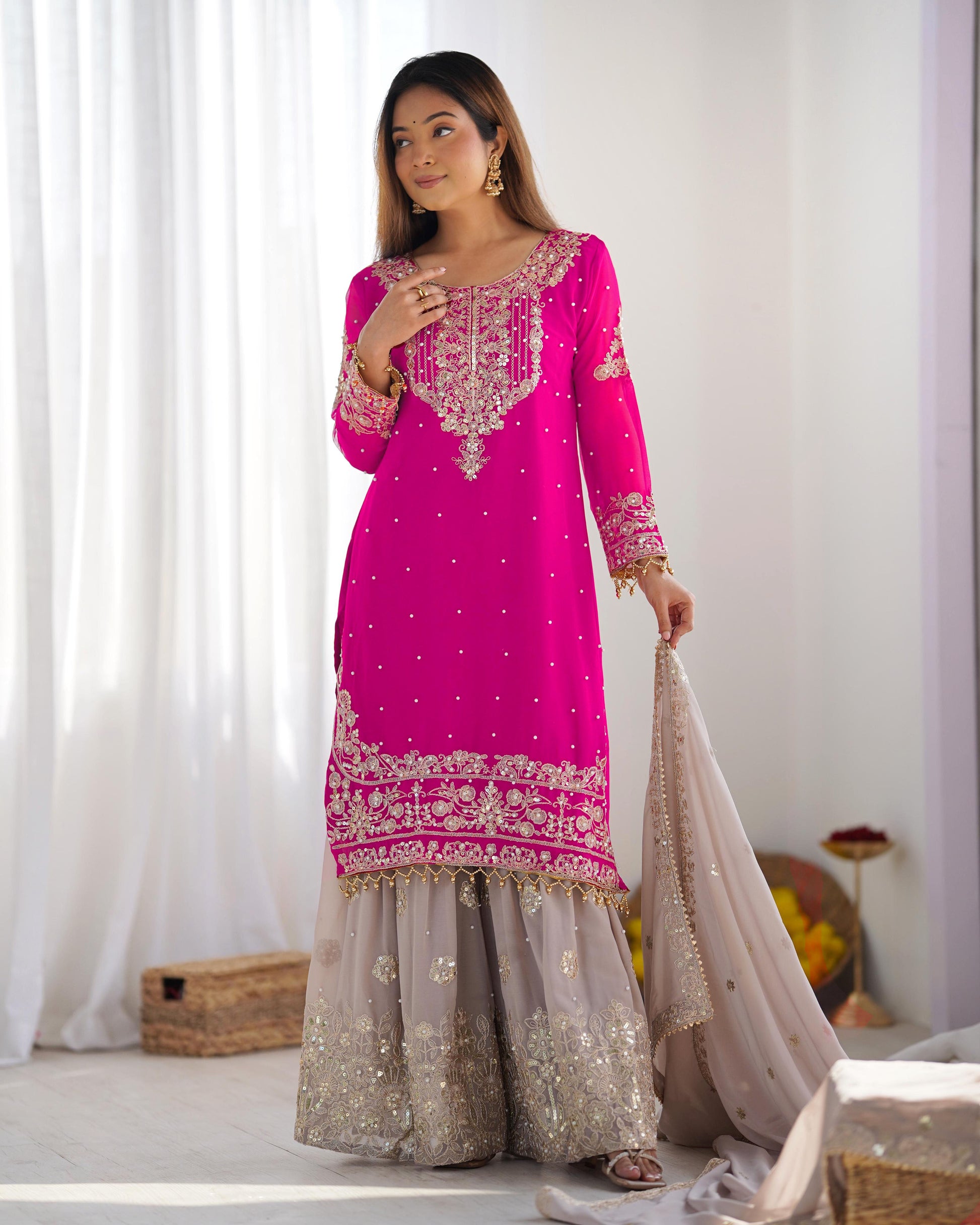 Teeya Creation Pink Color Faux Georgette Heavy Embroidery Work Pakistani Fully Stitched Salwar Suit