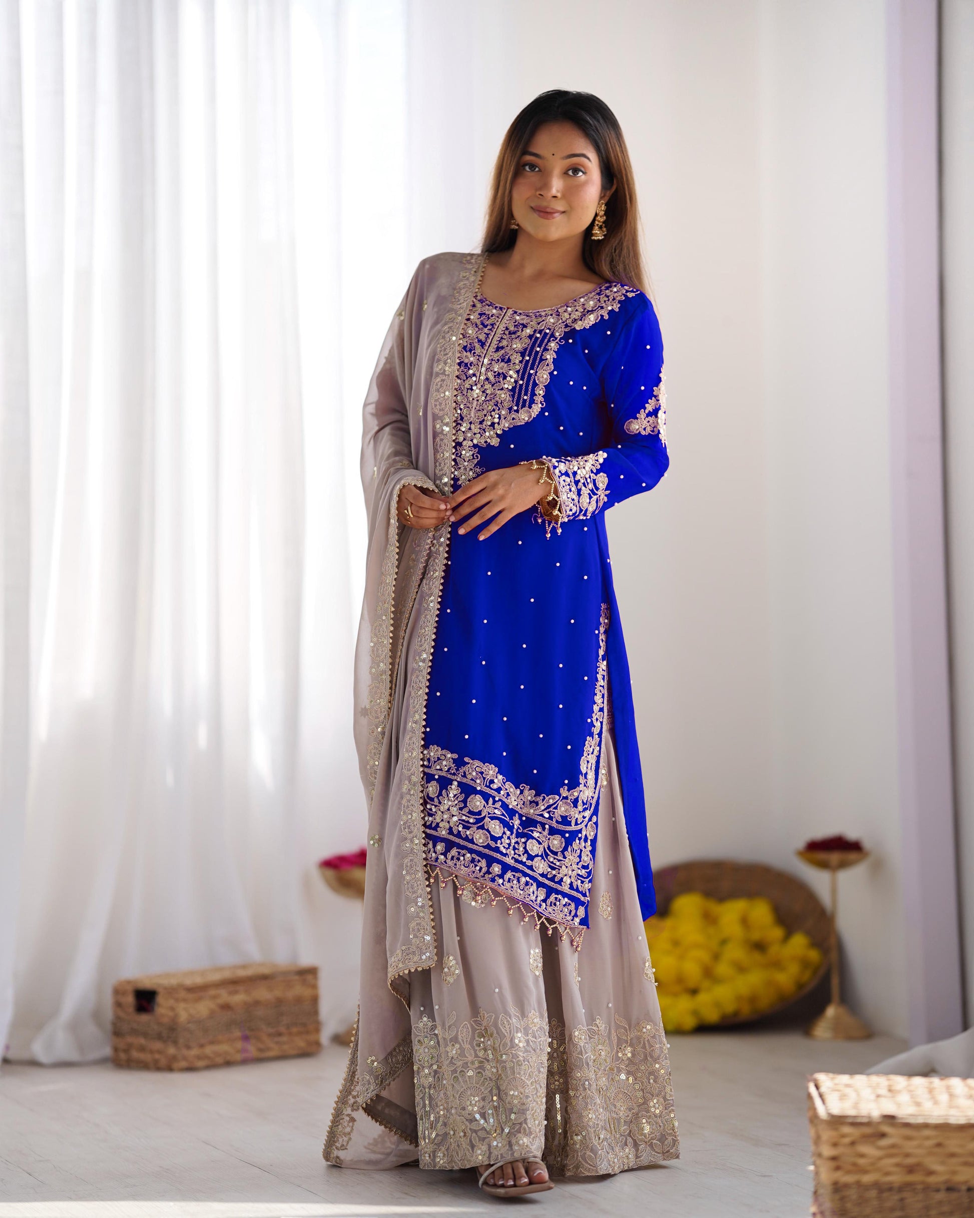 Teeya Creation Royal Blue Color Faux Georgette Heavy Embroidery Work Pakistani Fully Stitched Salwar Suit
