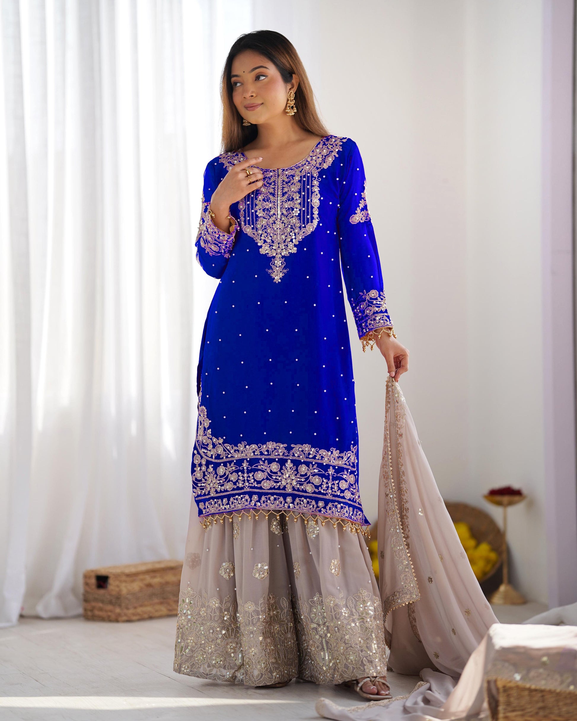 Teeya Creation Royal Blue Color Faux Georgette Heavy Embroidery Work Pakistani Fully Stitched Salwar Suit