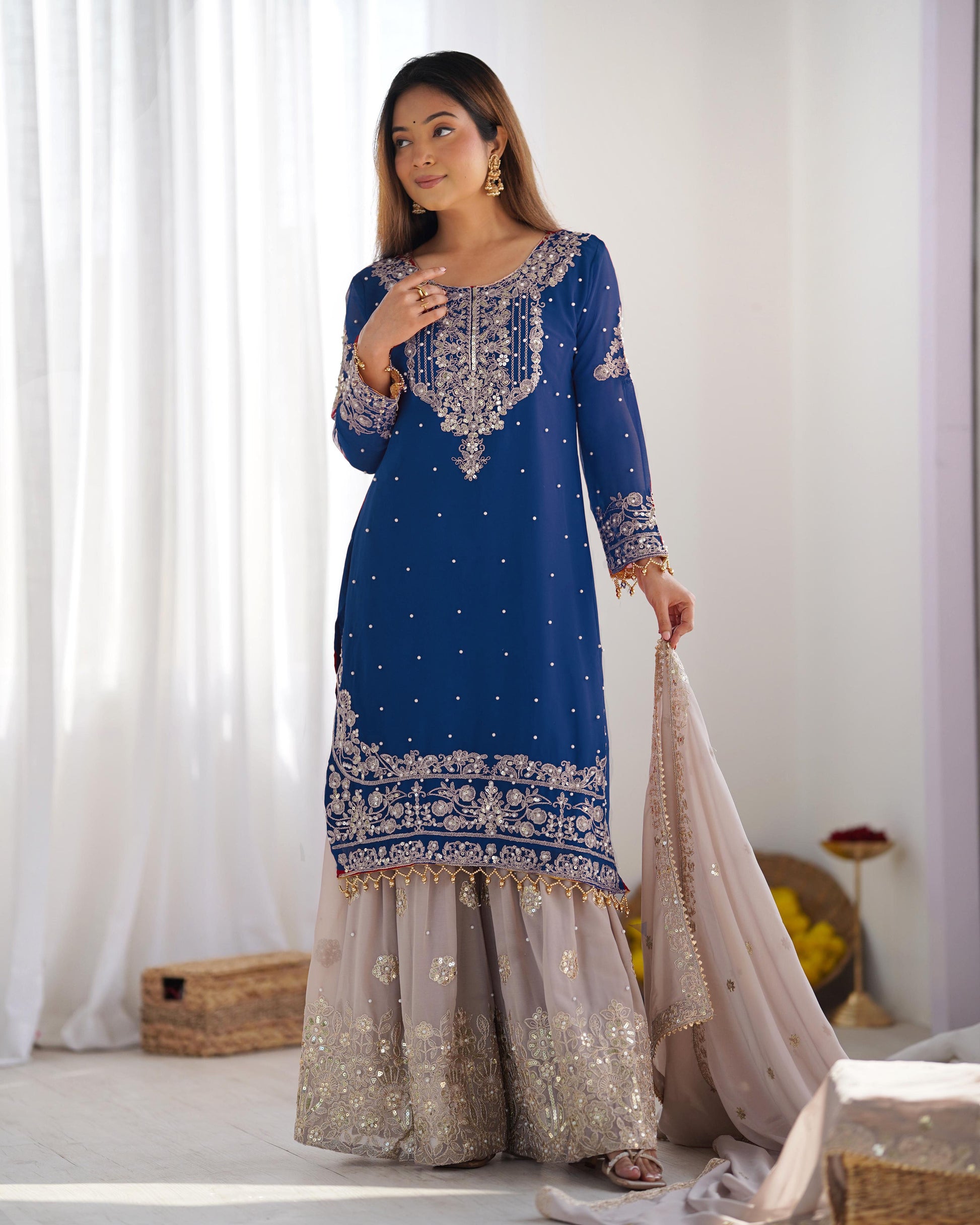 Teeya Creation Teal Color Faux Georgette Heavy Embroidery Work Pakistani Fully Stitched Salwar Suit