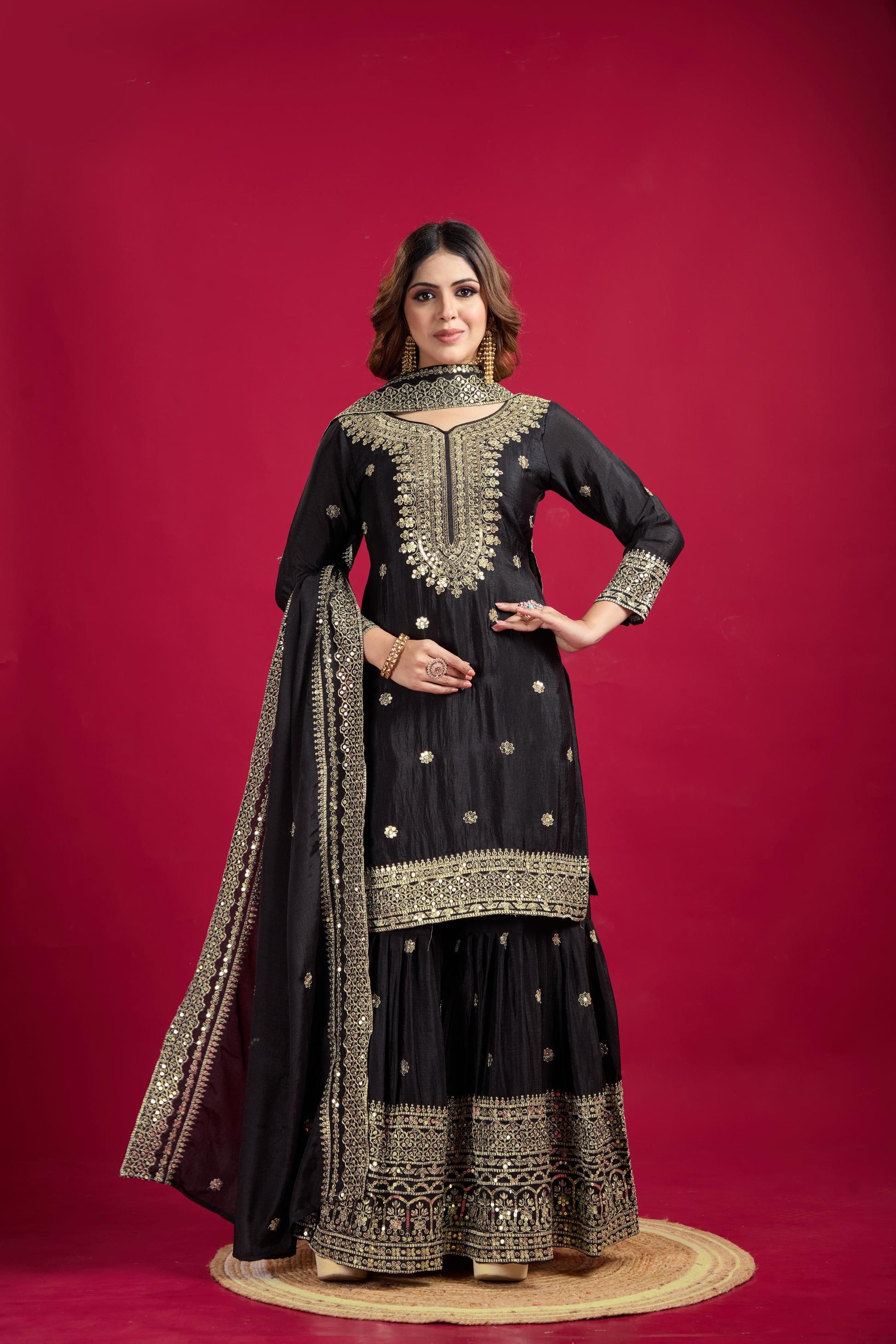 Teeya Creation Black Color Chinnon Silk Heavy Embroidery Work Fully Stitched Sharara Suit