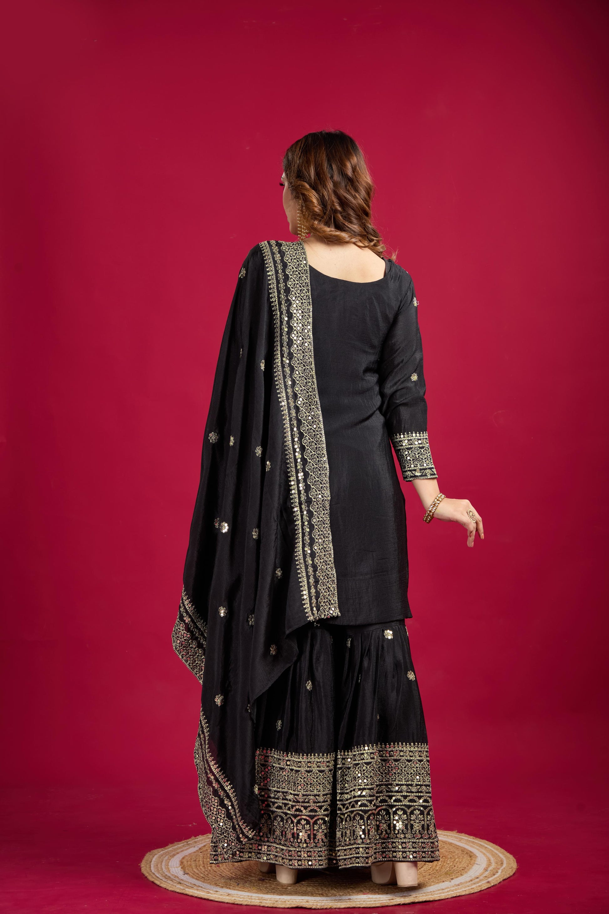 Teeya Creation Black Color Chinnon Silk Heavy Embroidery Work Fully Stitched Sharara Suit