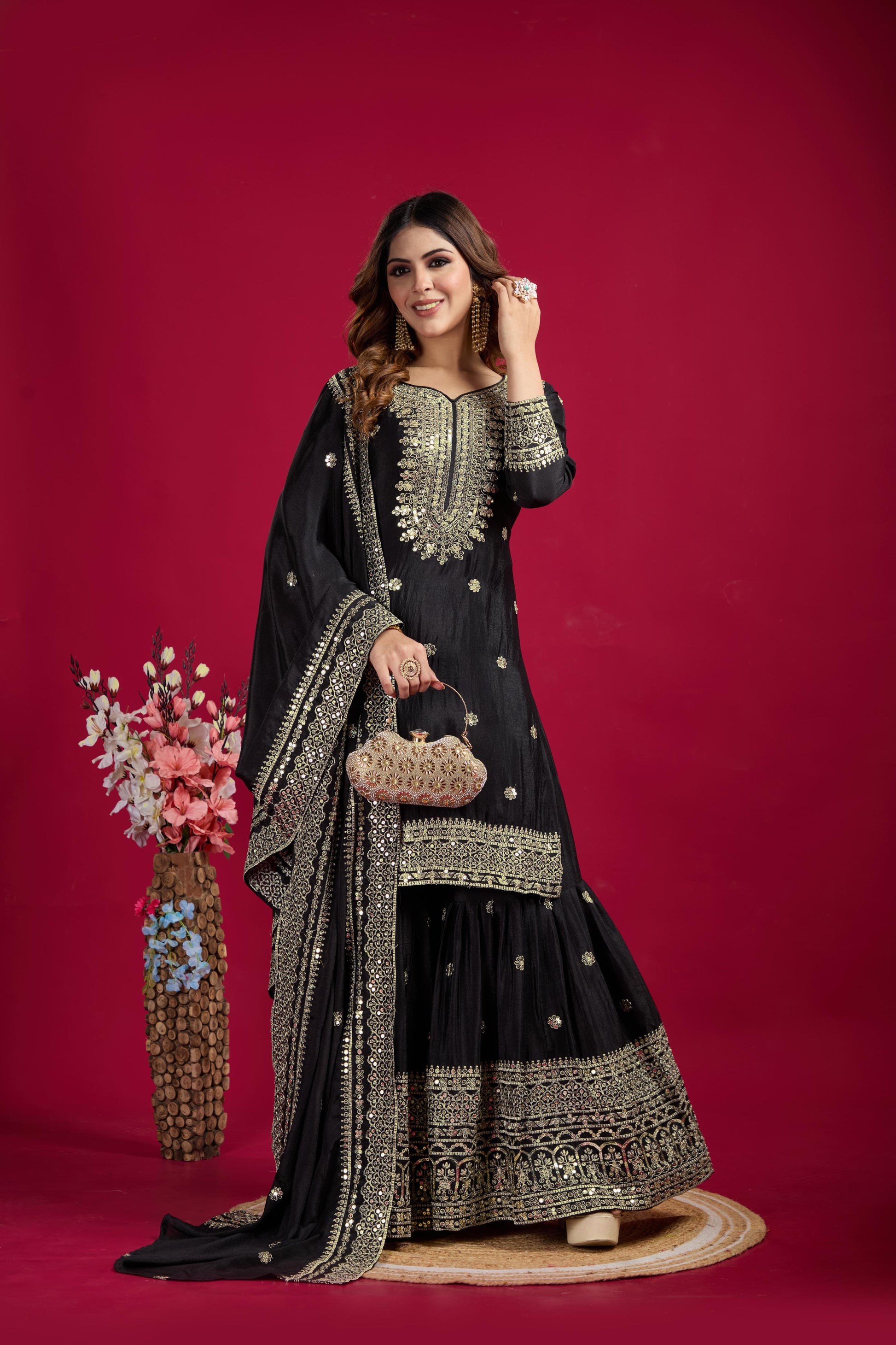 Teeya Creation Black Color Chinnon Silk Heavy Embroidery Work Fully Stitched Sharara Suit