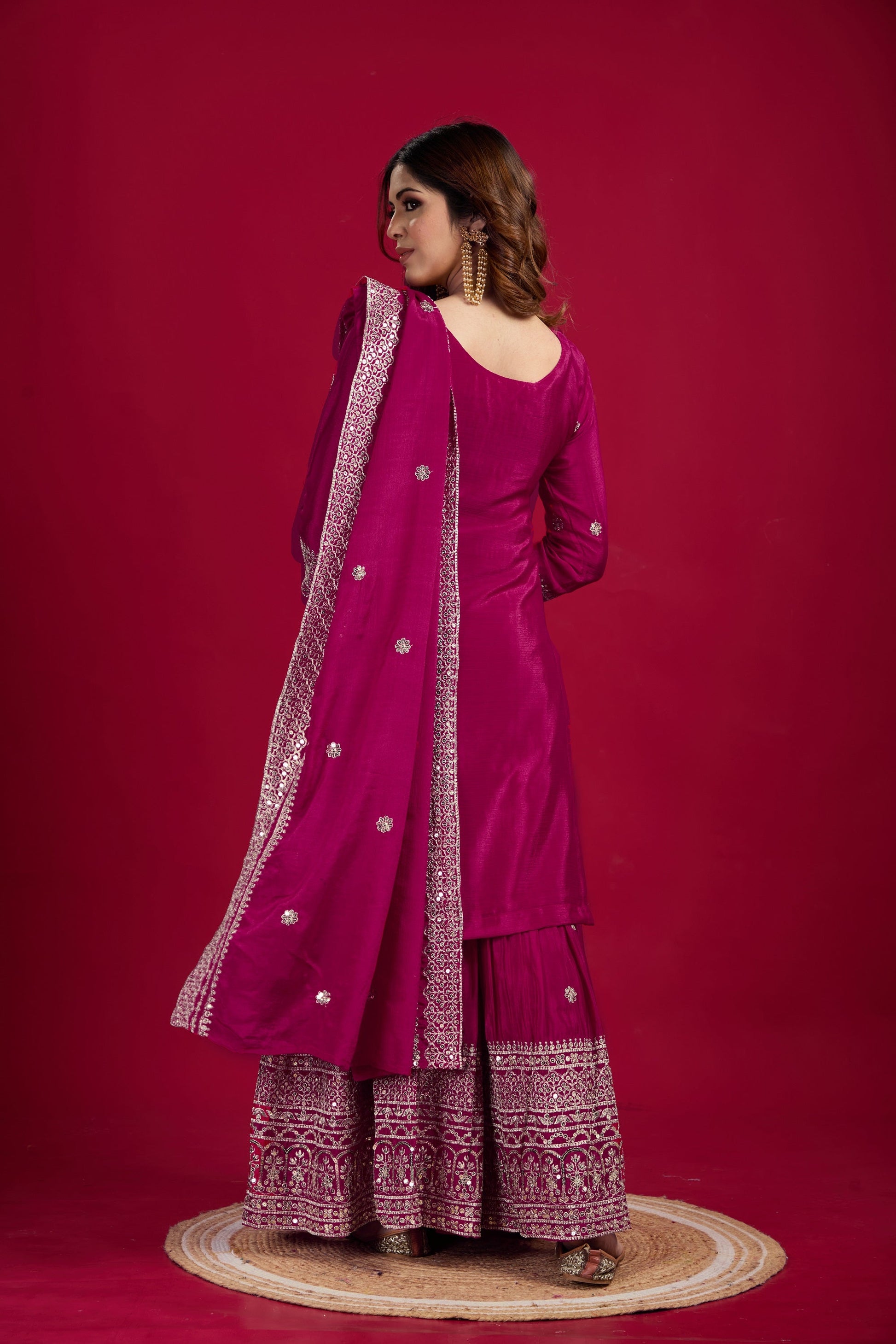 Teeya Creation Rani Color Chinnon Silk Heavy Embroidery Work Fully Stitched Sharara Suit