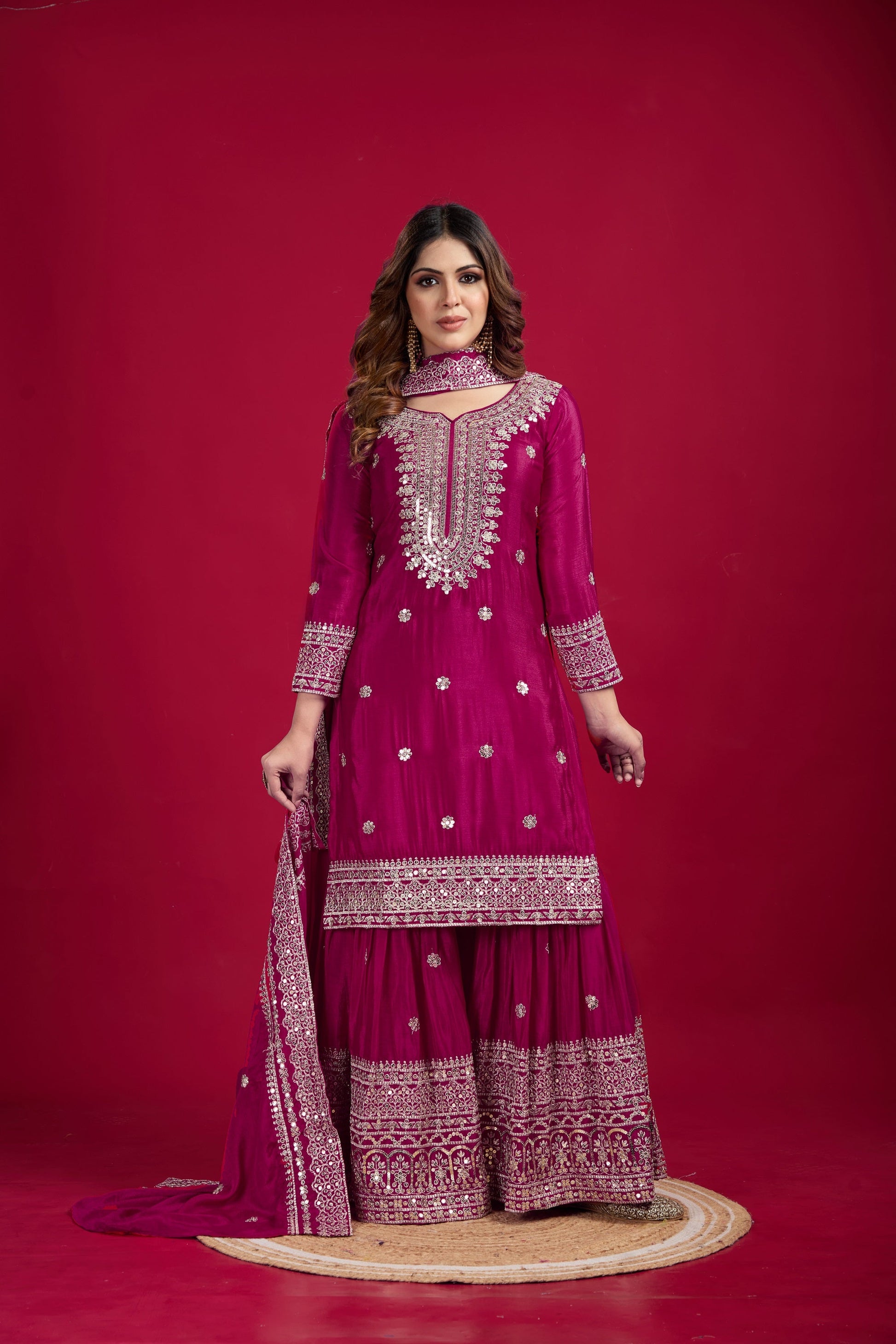 Teeya Creation Rani Color Chinnon Silk Heavy Embroidery Work Fully Stitched Sharara Suit