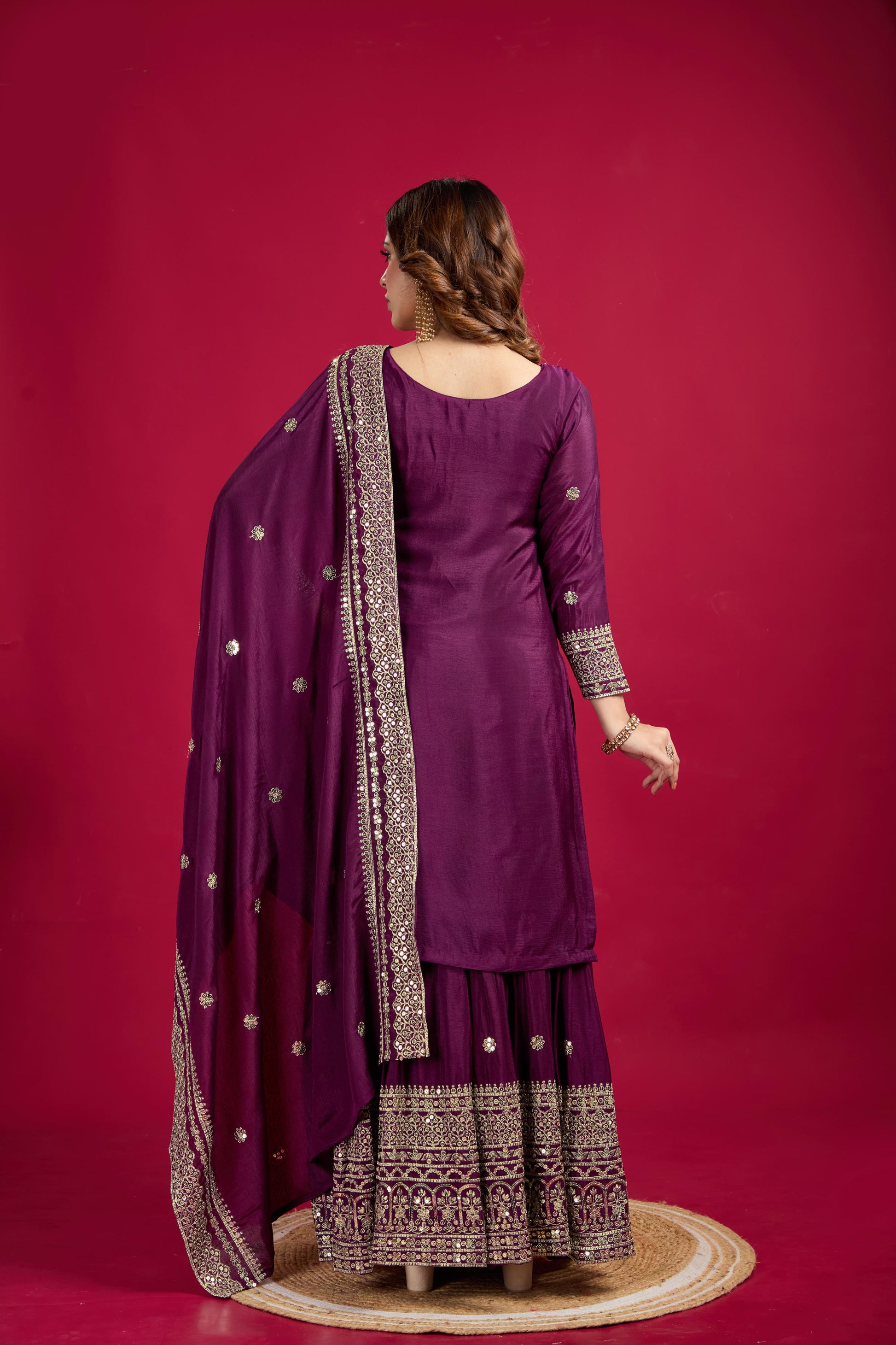 Teeya Creation Violet Color Chinnon Silk Heavy Embroidery Work Fully Stitched Sharara Suit