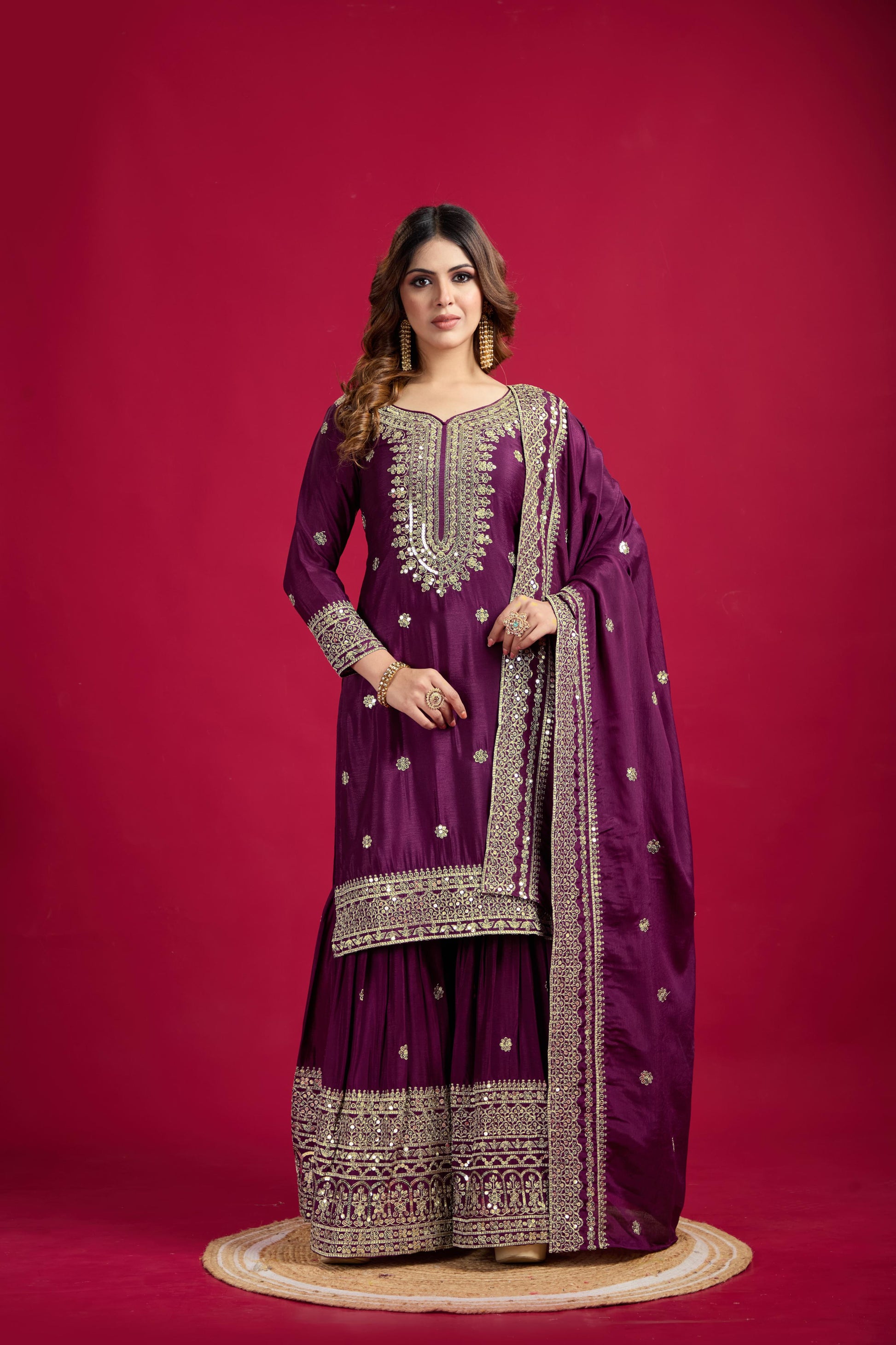 Teeya Creation Violet Color Chinnon Silk Heavy Embroidery Work Fully Stitched Sharara Suit
