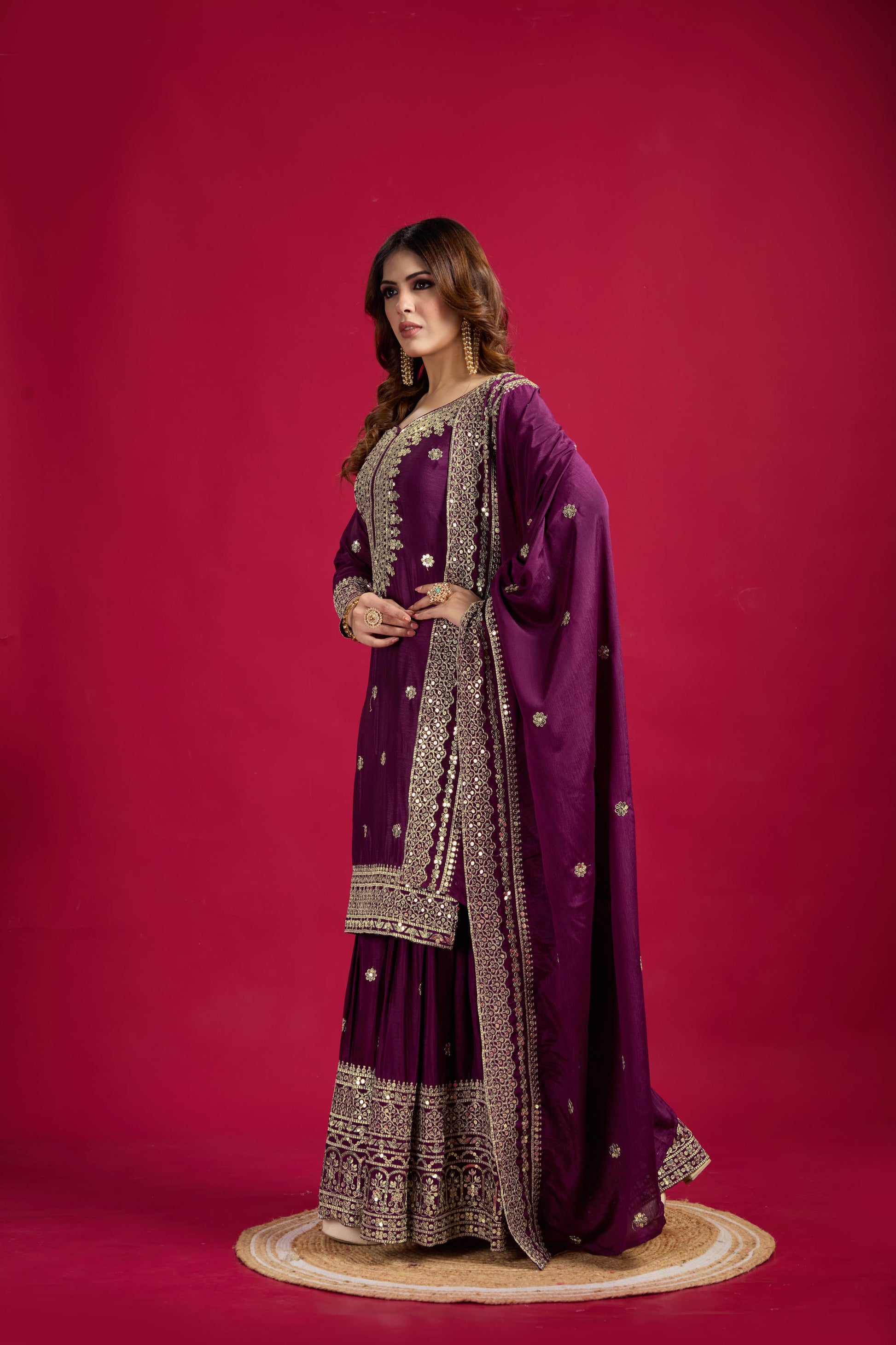 Teeya Creation Violet Color Chinnon Silk Heavy Embroidery Work Fully Stitched Sharara Suit
