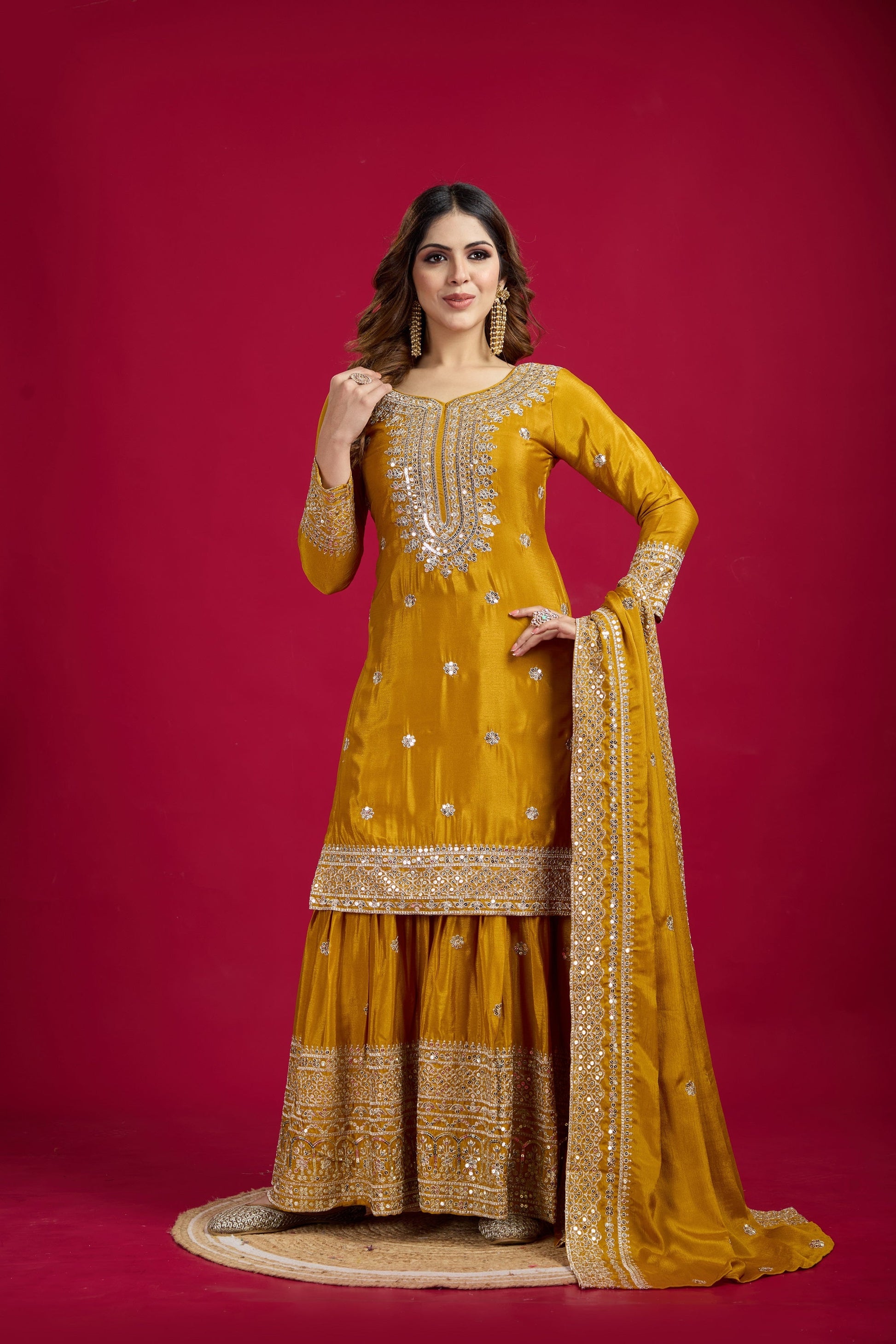 Teeya Creation Mustard Color Chinnon Silk Heavy Embroidery Work Fully Stitched Sharara Suit