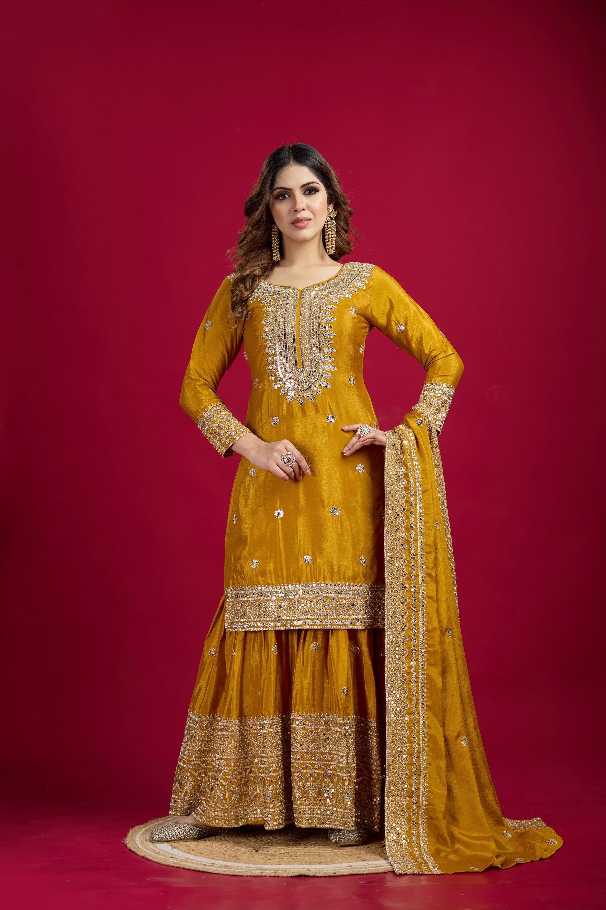 Teeya Creation Mustard Color Chinnon Silk Heavy Embroidery Work Fully Stitched Sharara Suit
