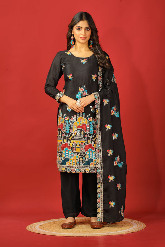 Teeya Creation Black Color Chinnon Silk Heavy Embroidery Work Fully Stitched Salwar Suit