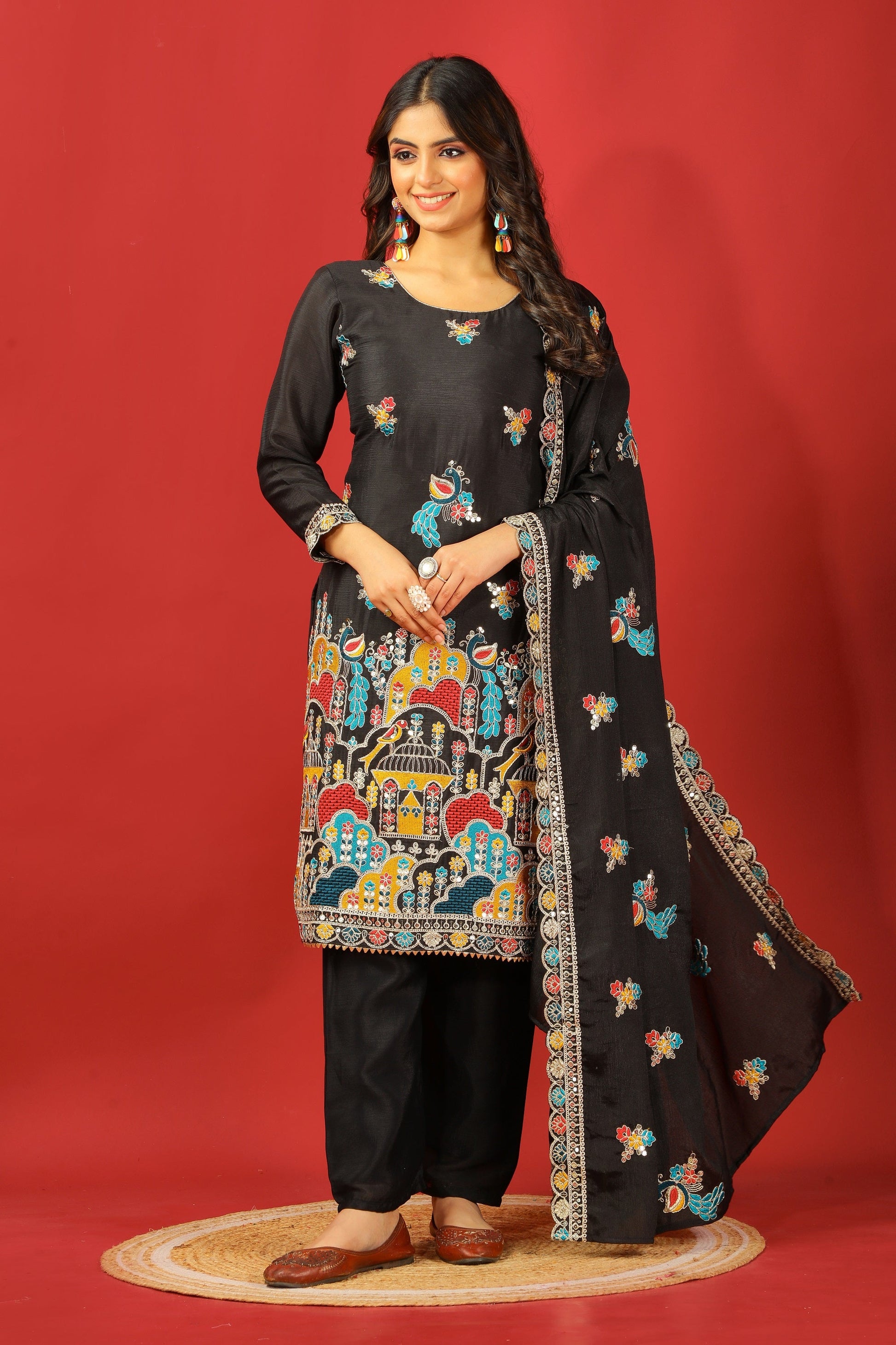 Teeya Creation Black Color Chinnon Silk Heavy Embroidery Work Fully Stitched Salwar Suit