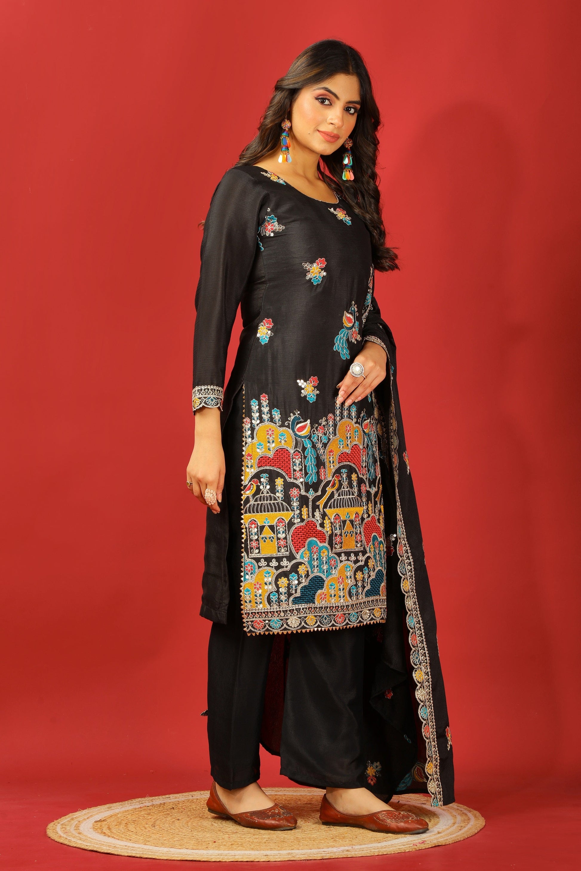 Teeya Creation Black Color Chinnon Silk Heavy Embroidery Work Fully Stitched Salwar Suit