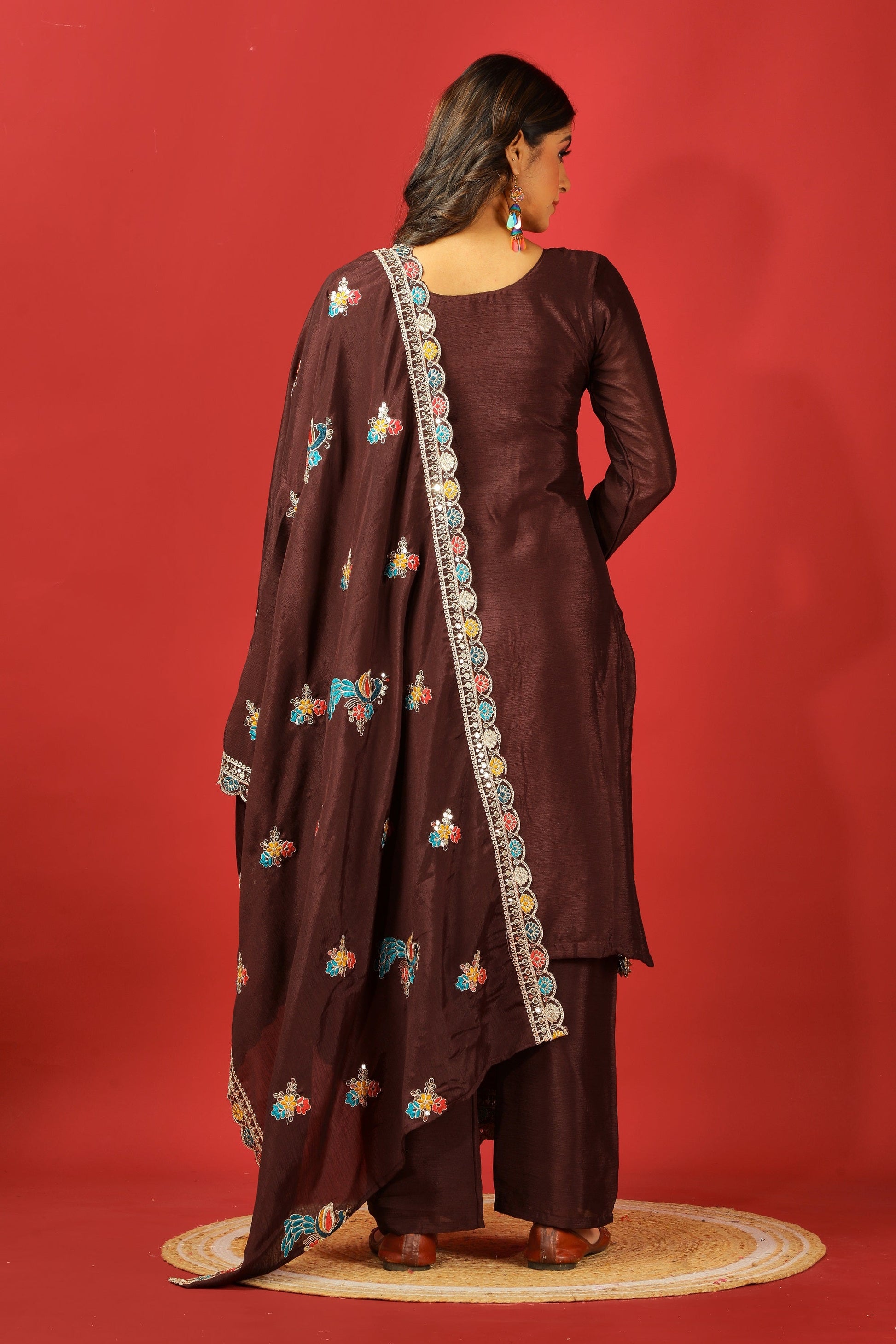 Teeya Creation Coffee Color Chinnon Silk Heavy Embroidery Work Fully Stitched Salwar Suit