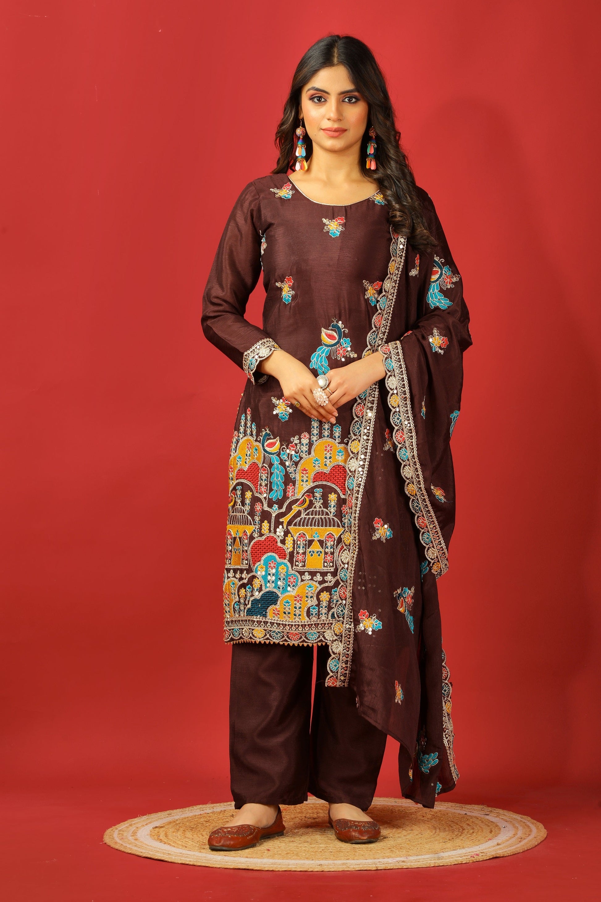 Teeya Creation Coffee Color Chinnon Silk Heavy Embroidery Work Fully Stitched Salwar Suit