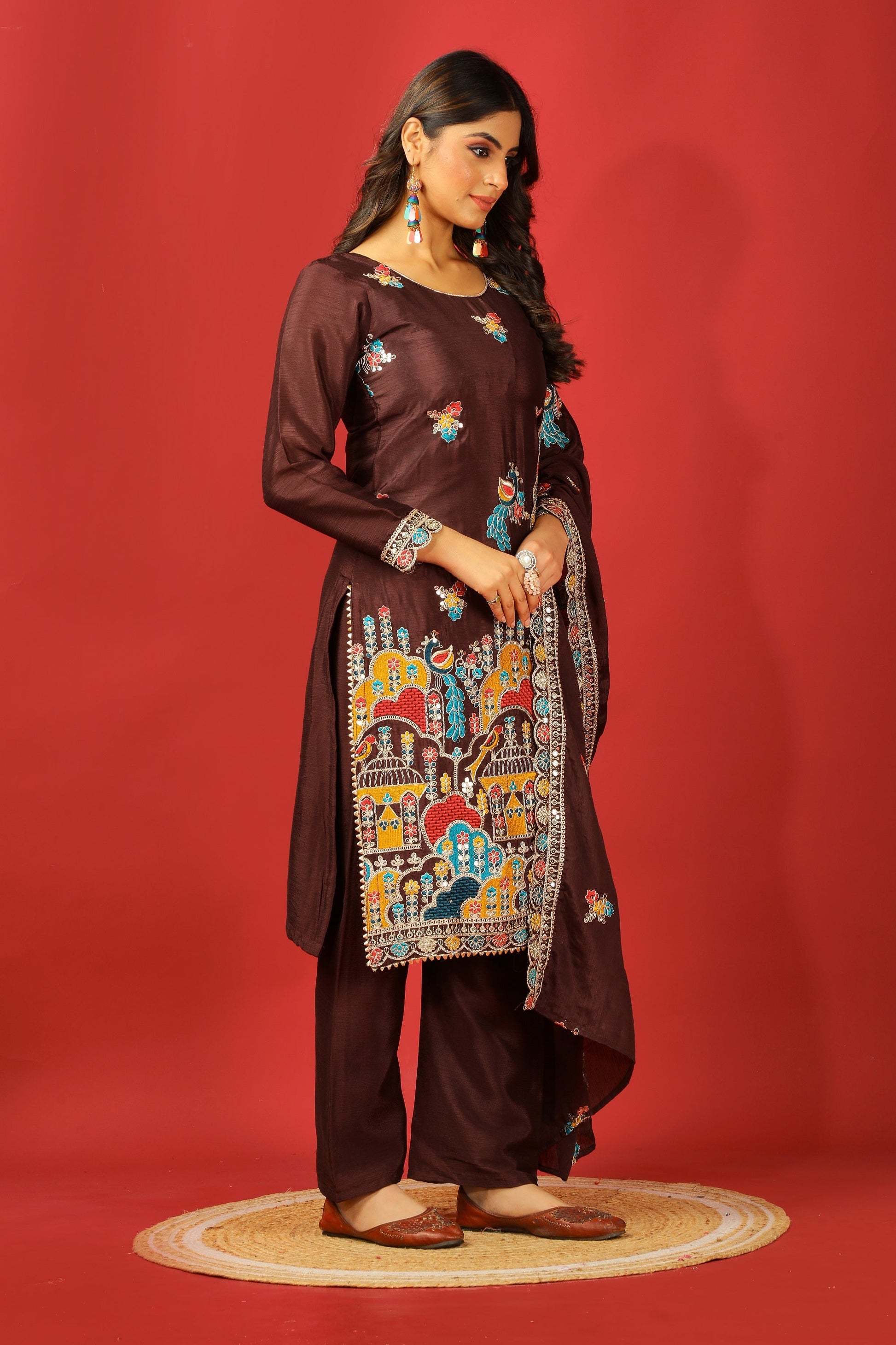 Teeya Creation Coffee Color Chinnon Silk Heavy Embroidery Work Fully Stitched Salwar Suit