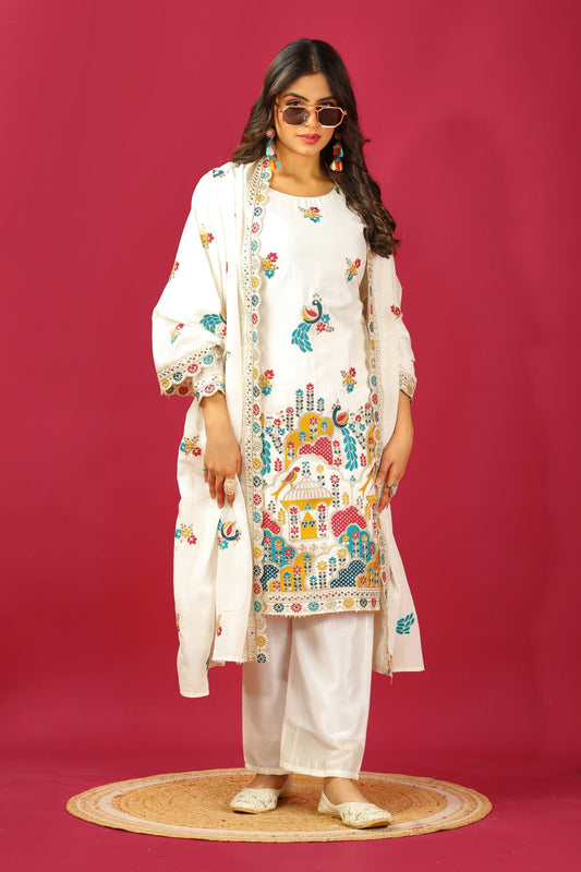 Teeya Creation White Color Chinnon Silk Heavy Embroidery Work Fully Stitched Salwar Suit