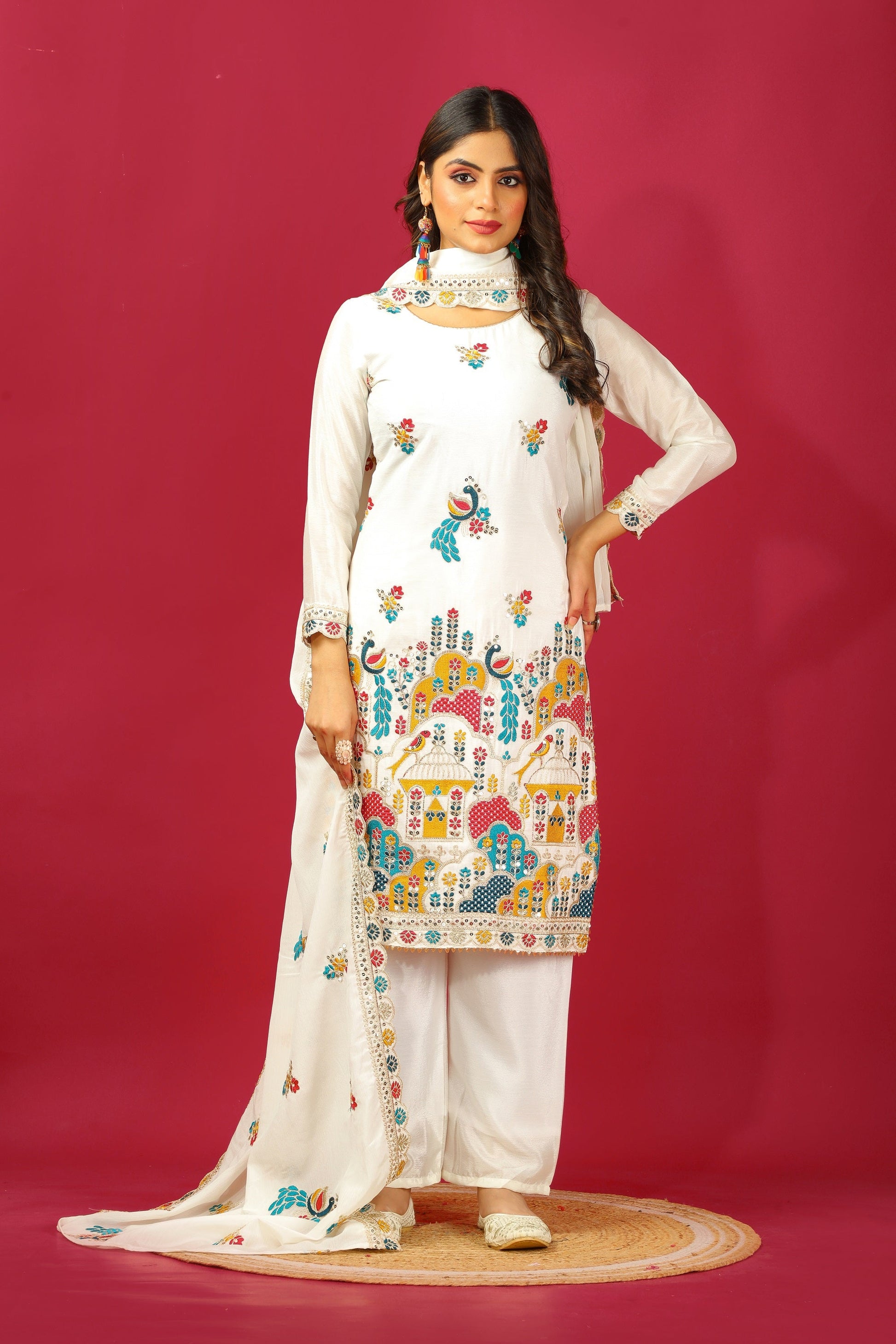 Teeya Creation White Color Chinnon Silk Heavy Embroidery Work Fully Stitched Salwar Suit