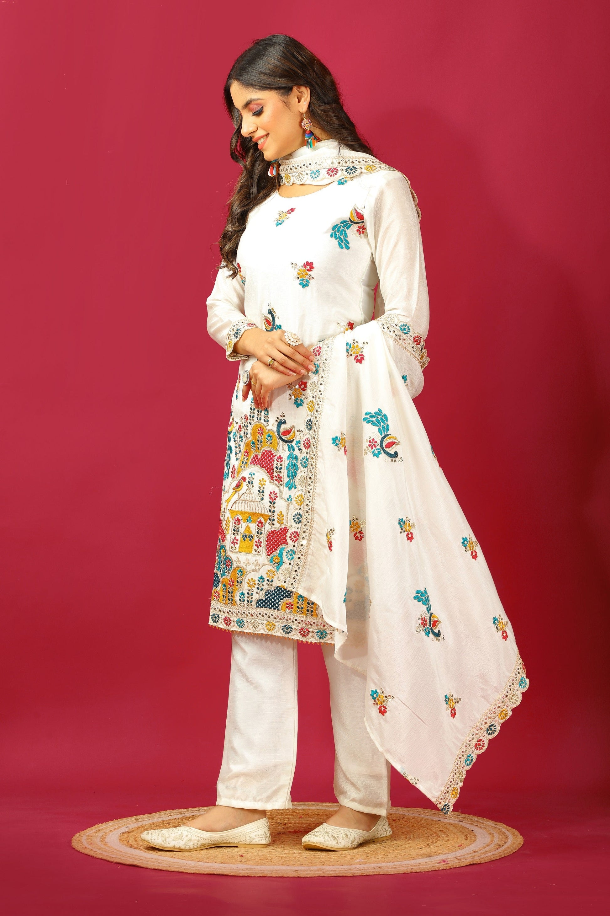 Teeya Creation White Color Chinnon Silk Heavy Embroidery Work Fully Stitched Salwar Suit