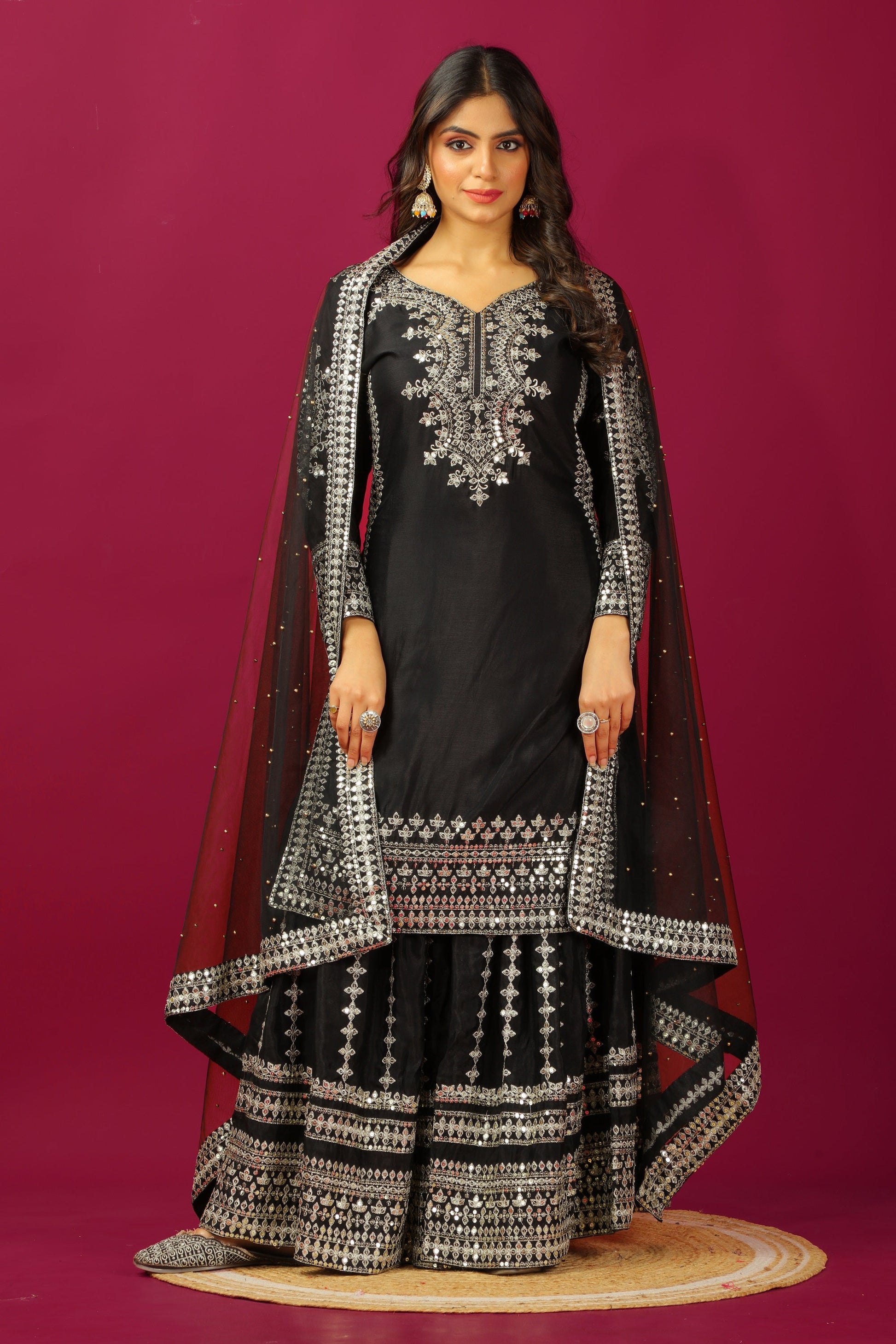 Teeya Creation Black Color Chinnon Silk Heavy Embroidery Work Fully Stitched Sharara Suit