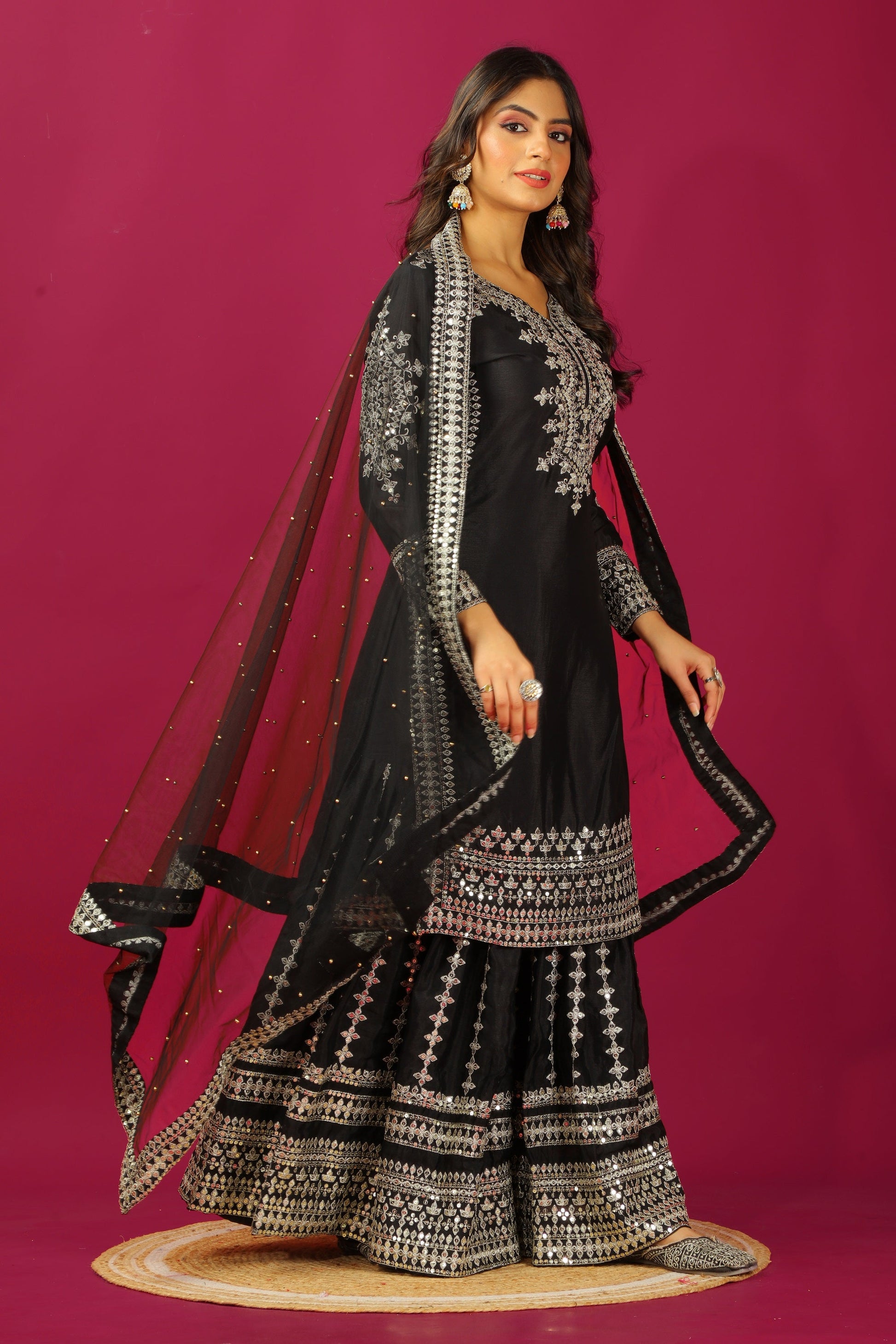 Teeya Creation Black Color Chinnon Silk Heavy Embroidery Work Fully Stitched Sharara Suit