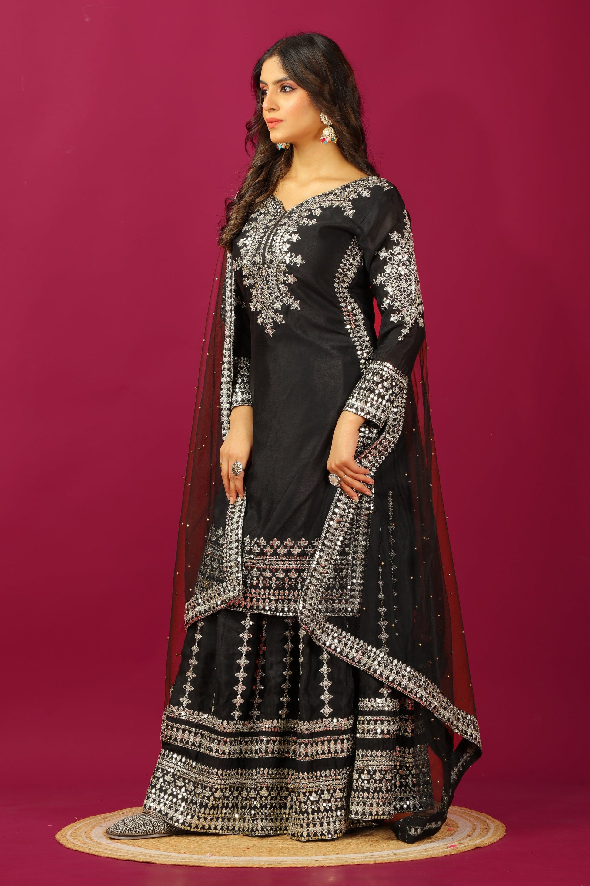 Teeya Creation Black Color Chinnon Silk Heavy Embroidery Work Fully Stitched Sharara Suit