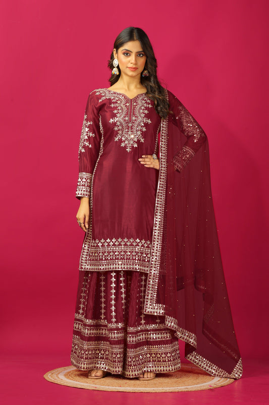 Teeya Creation Maroon Color Chinnon Silk Heavy Embroidery Work Fully Stitched Sharara Suit
