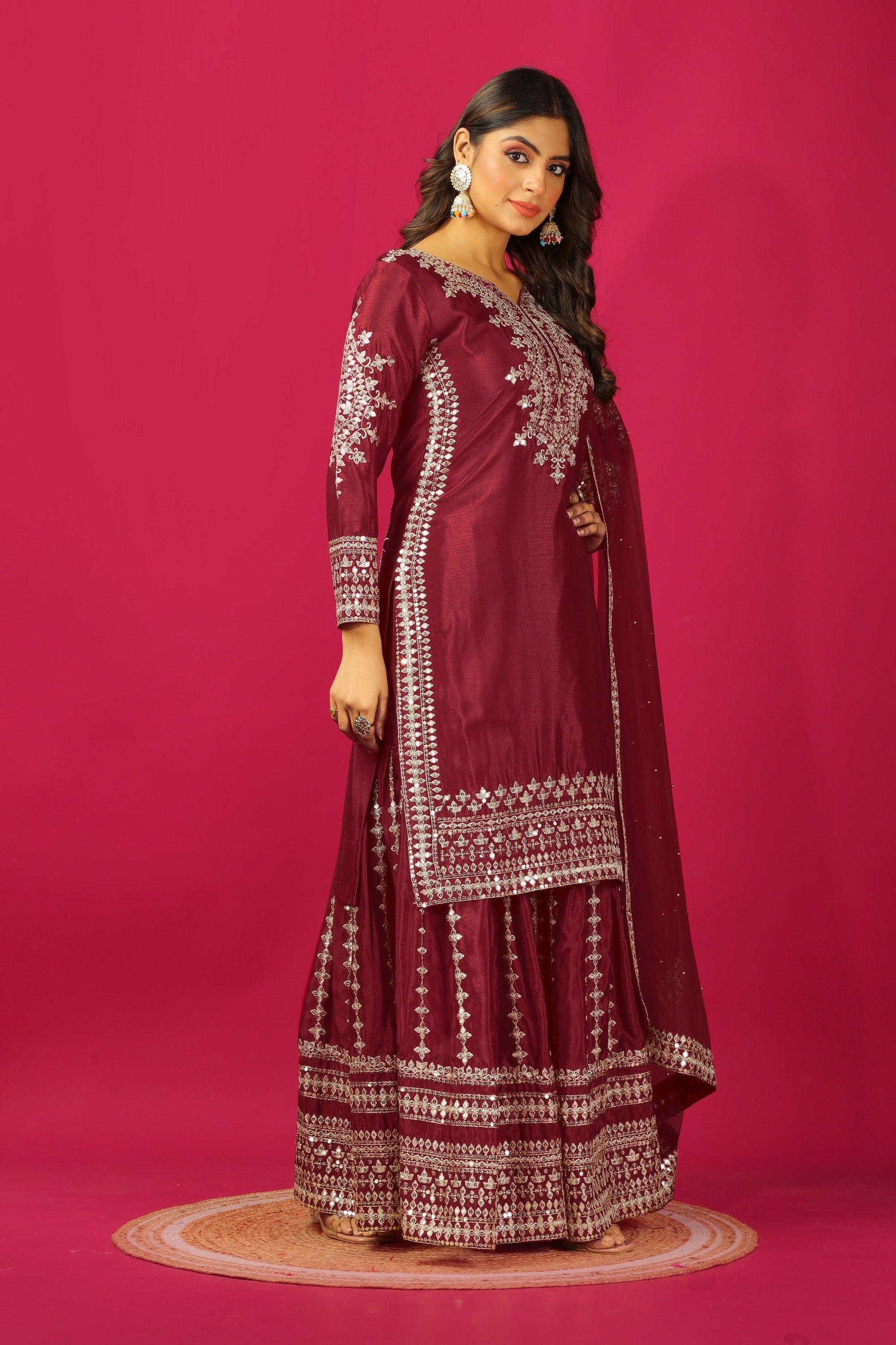 Teeya Creation Maroon Color Chinnon Silk Heavy Embroidery Work Fully Stitched Sharara Suit