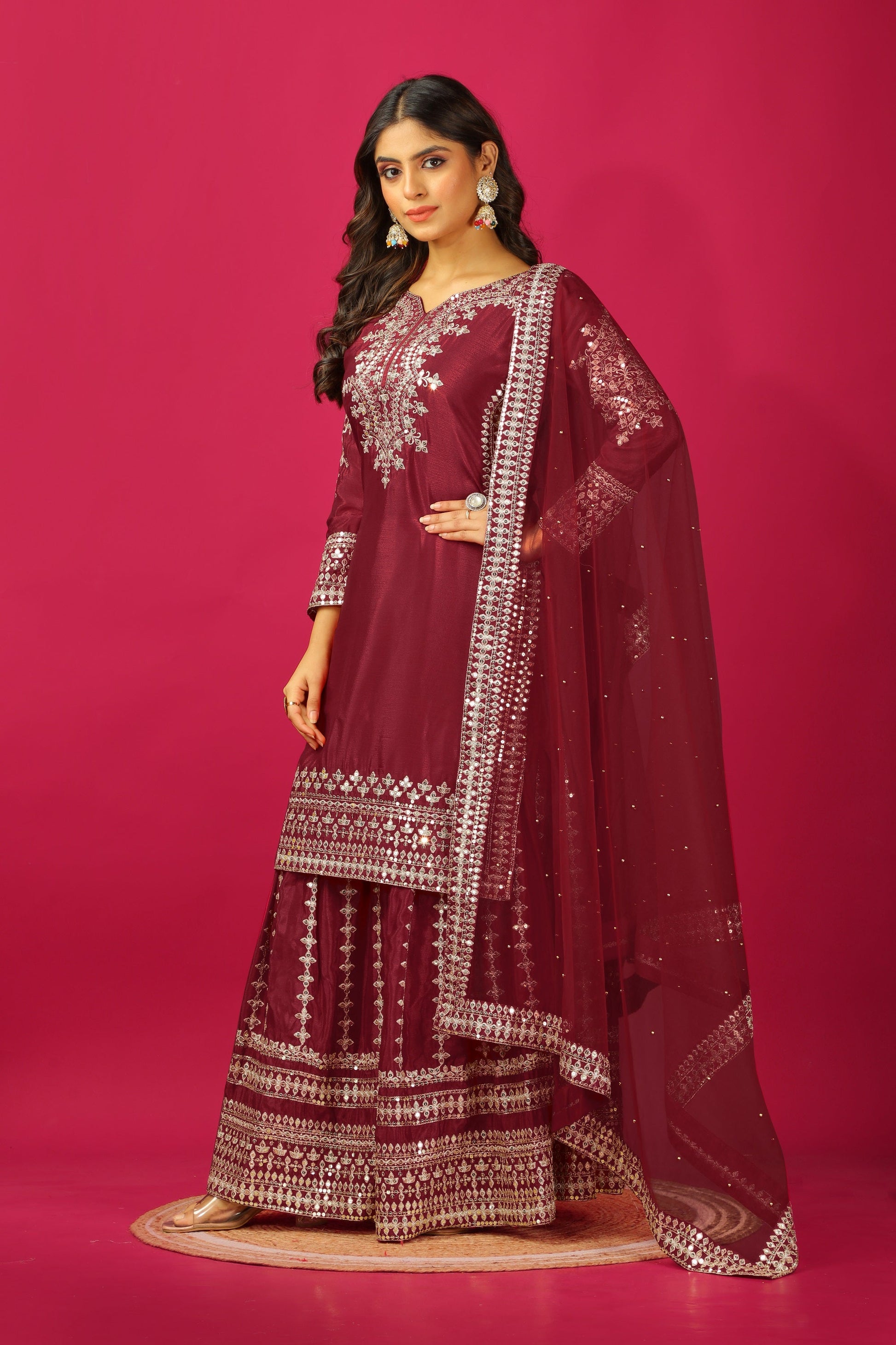 Teeya Creation Maroon Color Chinnon Silk Heavy Embroidery Work Fully Stitched Sharara Suit