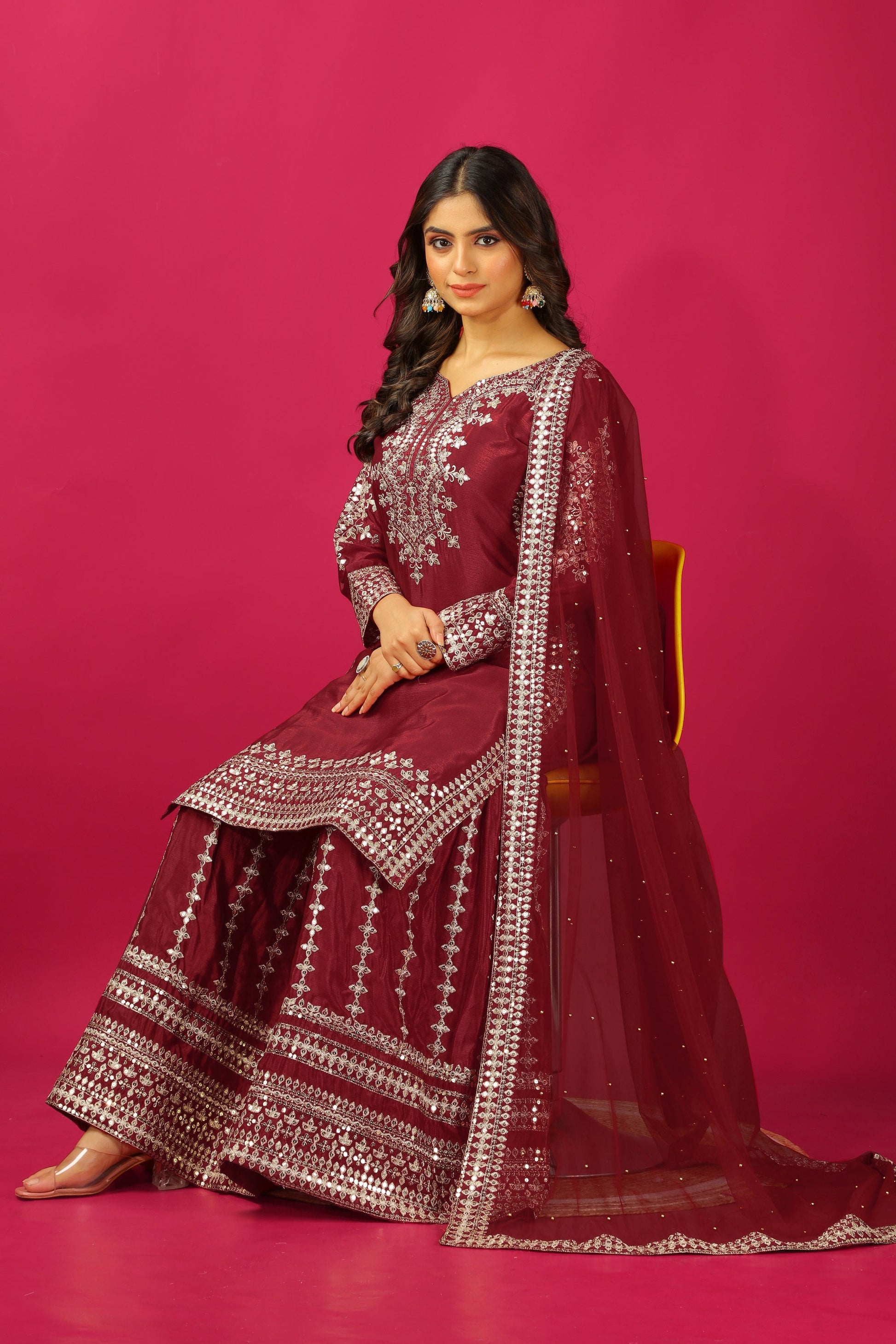 Teeya Creation Maroon Color Chinnon Silk Heavy Embroidery Work Fully Stitched Sharara Suit
