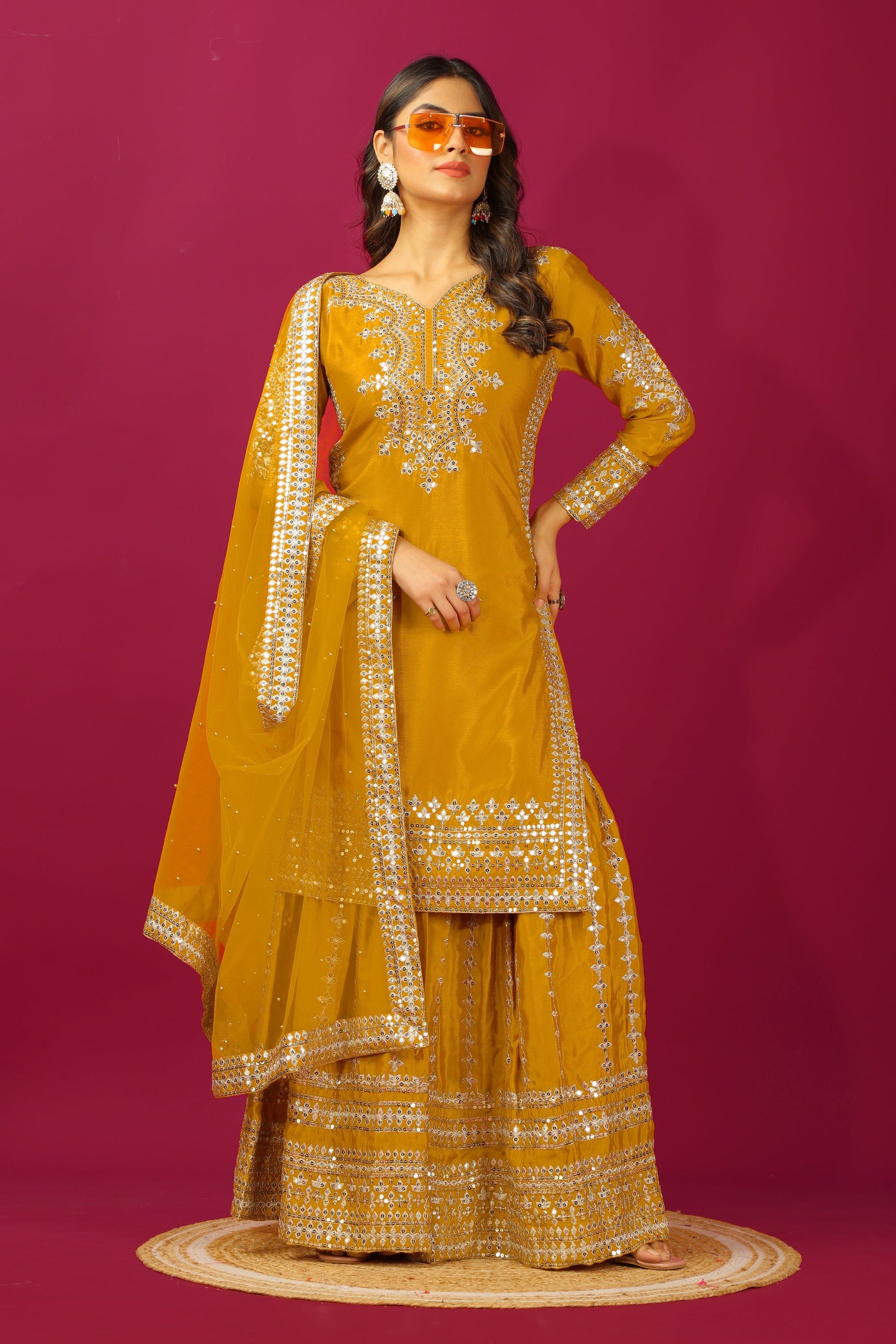 Teeya Creation Mustard Color Chinnon Silk Heavy Embroidery Work Fully Stitched Sharara Suit