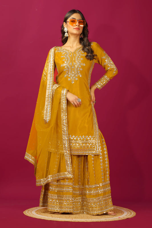 Teeya Creation Mustard Color Chinnon Silk Heavy Embroidery Work Fully Stitched Sharara Suit