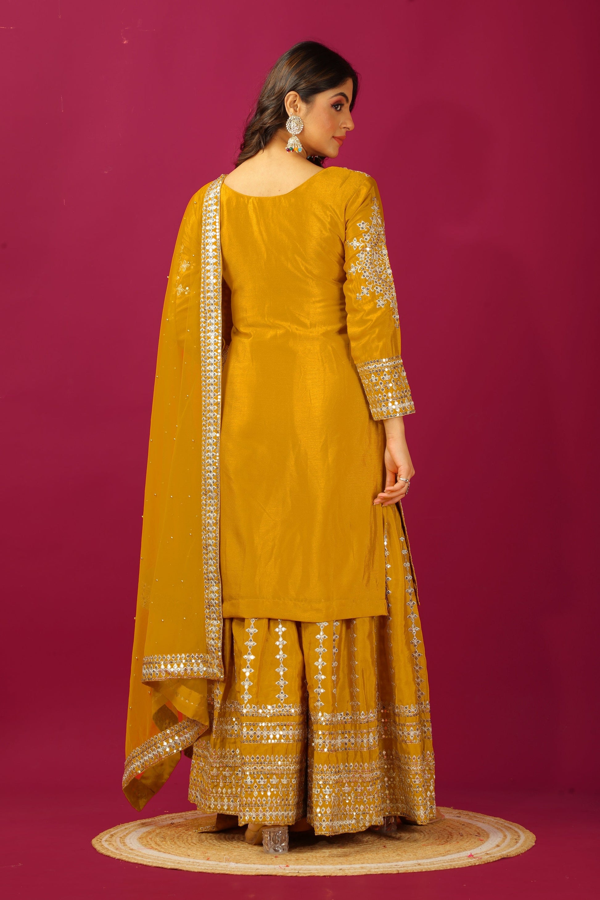 Teeya Creation Mustard Color Chinnon Silk Heavy Embroidery Work Fully Stitched Sharara Suit