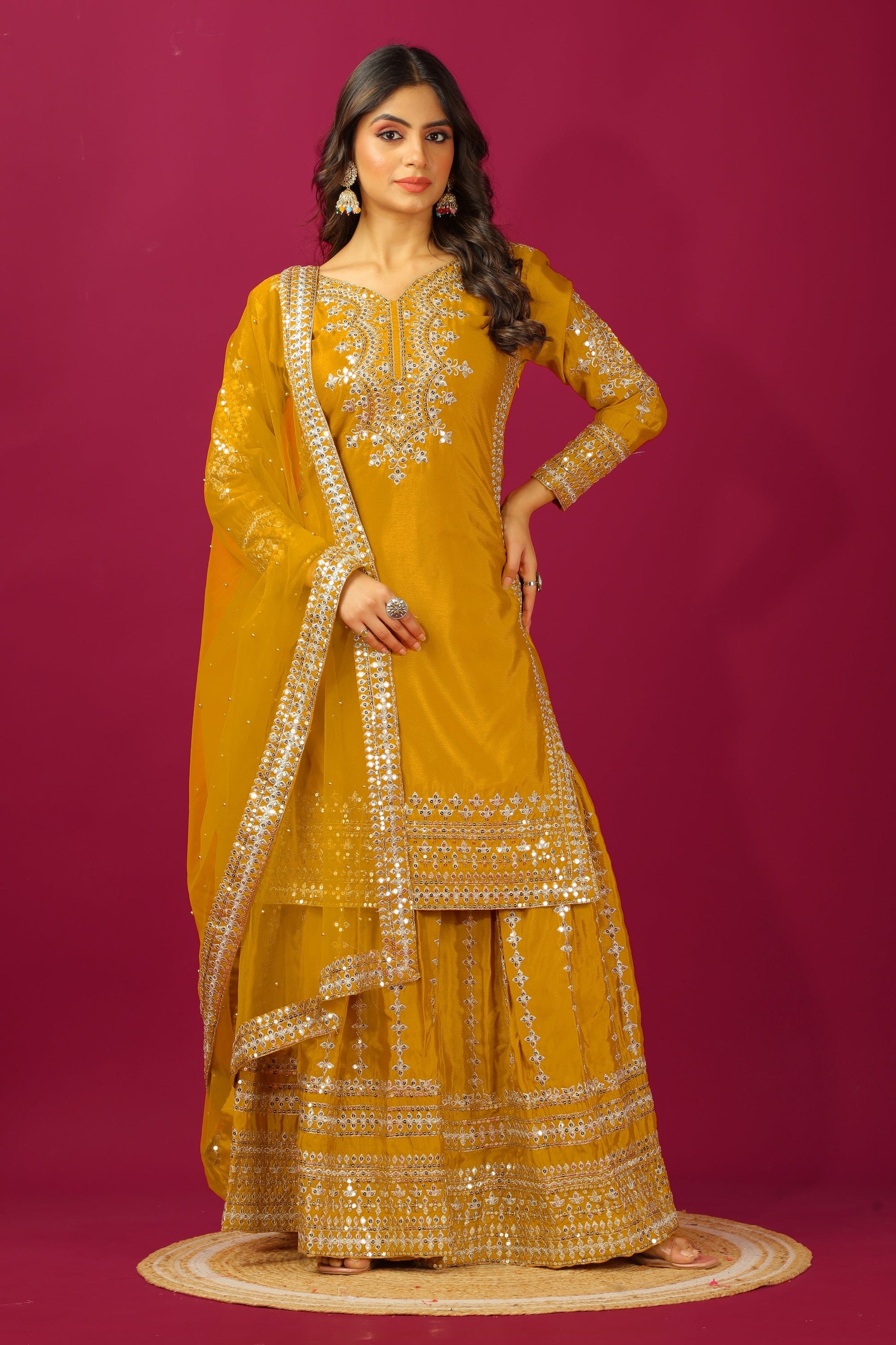 Teeya Creation Mustard Color Chinnon Silk Heavy Embroidery Work Fully Stitched Sharara Suit